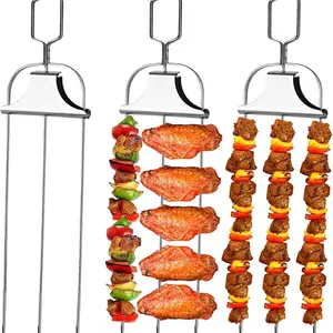 3pcs 14 Inch 3-Way Metal Grill Skewers with Push Rod Sliders, Reusable BBQ Kabob Sticks for Meat Vegetables & Marshmallow, Barbecue Utensils