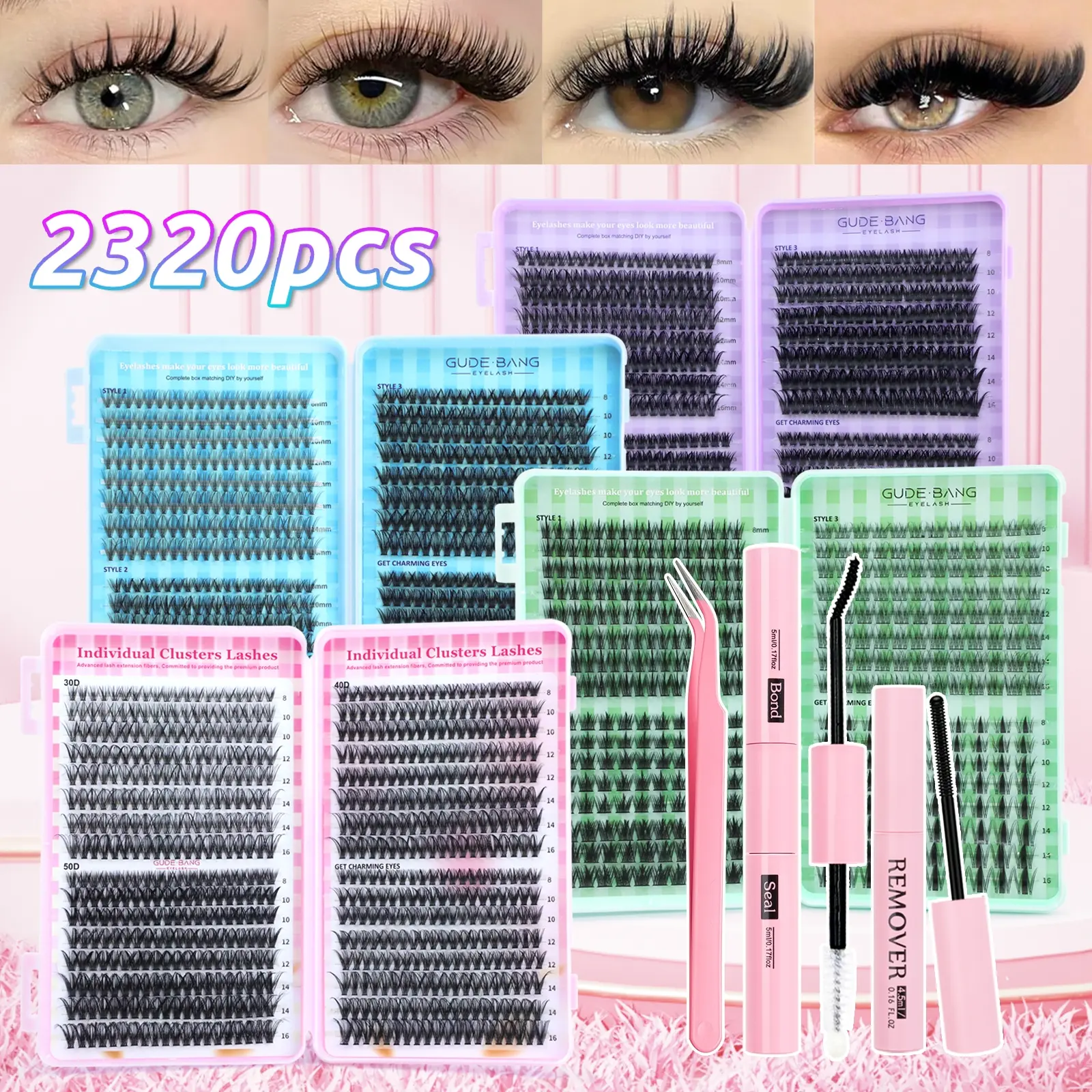 2320PCS eyelash bundles, Eyelash Clusters, Individual Eyelash Extensions, 8-16mm mixed natural D-CUr DIY individual false eyelashes, with adhesives, sealants and application tools, DIY false eyelash extension kit
