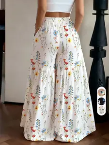 Simple Versatile Casual High Waist Floral Pants, Daily Wear Long Pants, Relaxed Office Style, Summer New Vacation Leisure Pants, Light Mature Everyday Casual Pants Ff2630