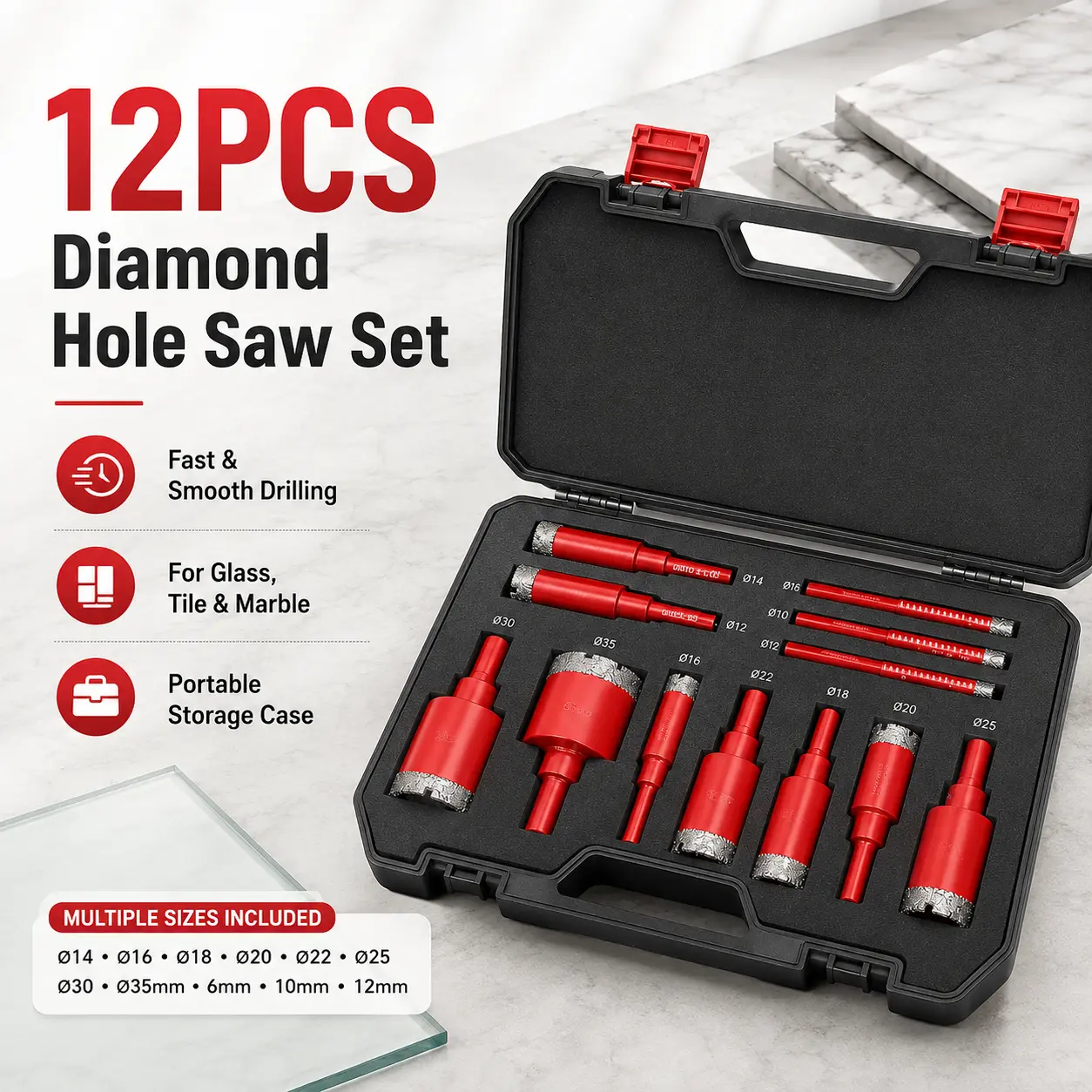 12PCS Diamond Hole Saw Set, Glass Tile Drill Bit Kit, Diamond Core Drill Bits for Ceramic Porcelain Marble Granite, Multi-Size Hole Cutter Set with Storage Case, Power Drill Accessories