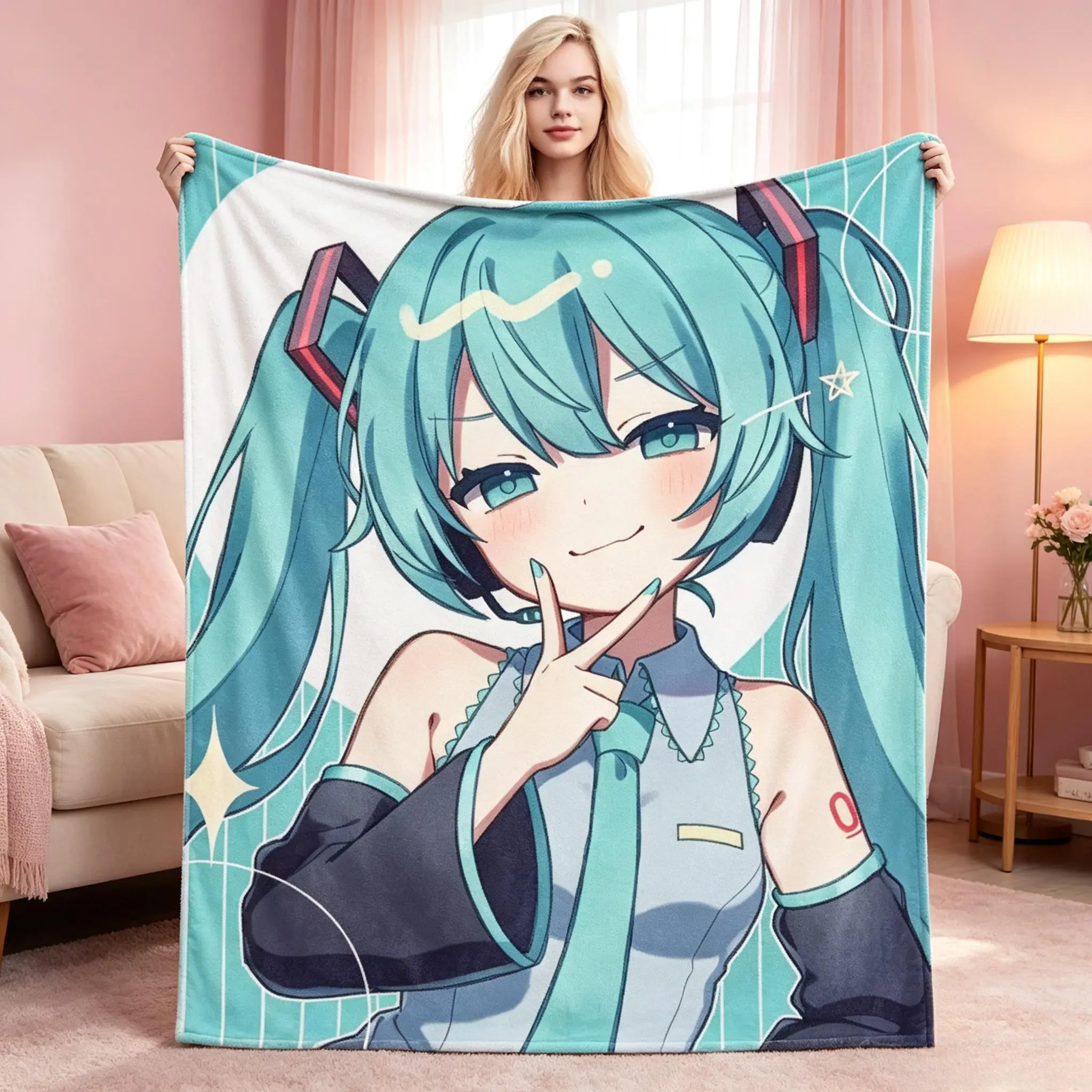 Hatsune Miku Peace Sign Teal Striped Flannel Throw Blanket Tapestry, Cute Twin Tail Vocaloid Anime Art Design Soft Microfiber Fade Resistant Multi Size Cozy Blanket, Kawaii Manga Cartoon Room Decor For Anime Fans, Perfect Birthday Christmas Galentin
