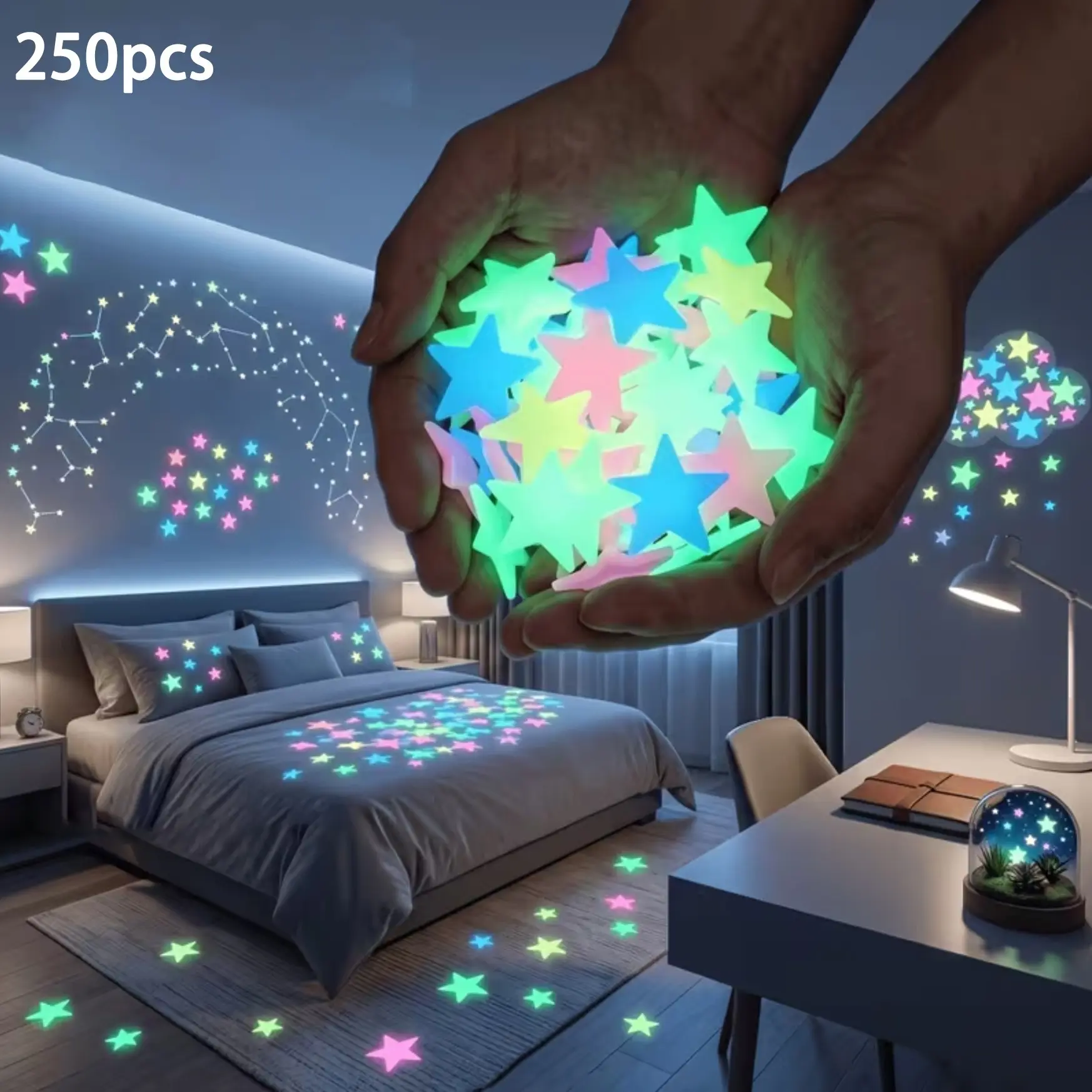 250pcs Glow-In-The-Dark Star Stickers, Wall Stickers Decorations, Wall Window Ceiling Decor, Easy Peel-Off, Halloween Christmas Festival Gift, Durable Dreamy Design