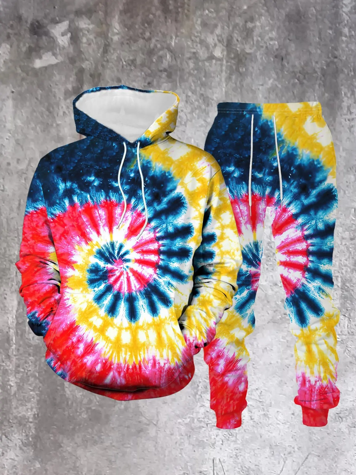 Men's Rainbow Spiral Tie-Dye Loose Fit Hooded Sweatshirt, Casual Long Sleeve Asymmetrical Design, Fall & Winter Wear