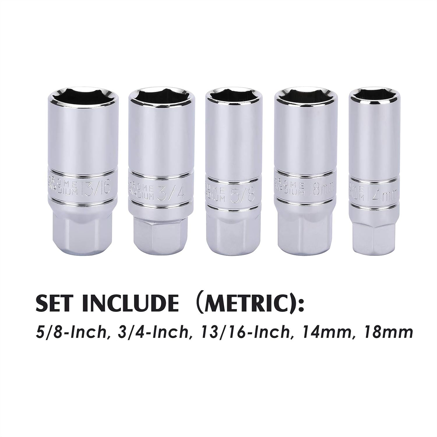 3/8-Inch Drive Spark Plug Socket Set, SAE & Metric, CR-V Steel Mirror finish, 6-Point, 5/8-Inch, 3/4-Inch, 13/16-Inch, 14mm, 18mm, 5-Set