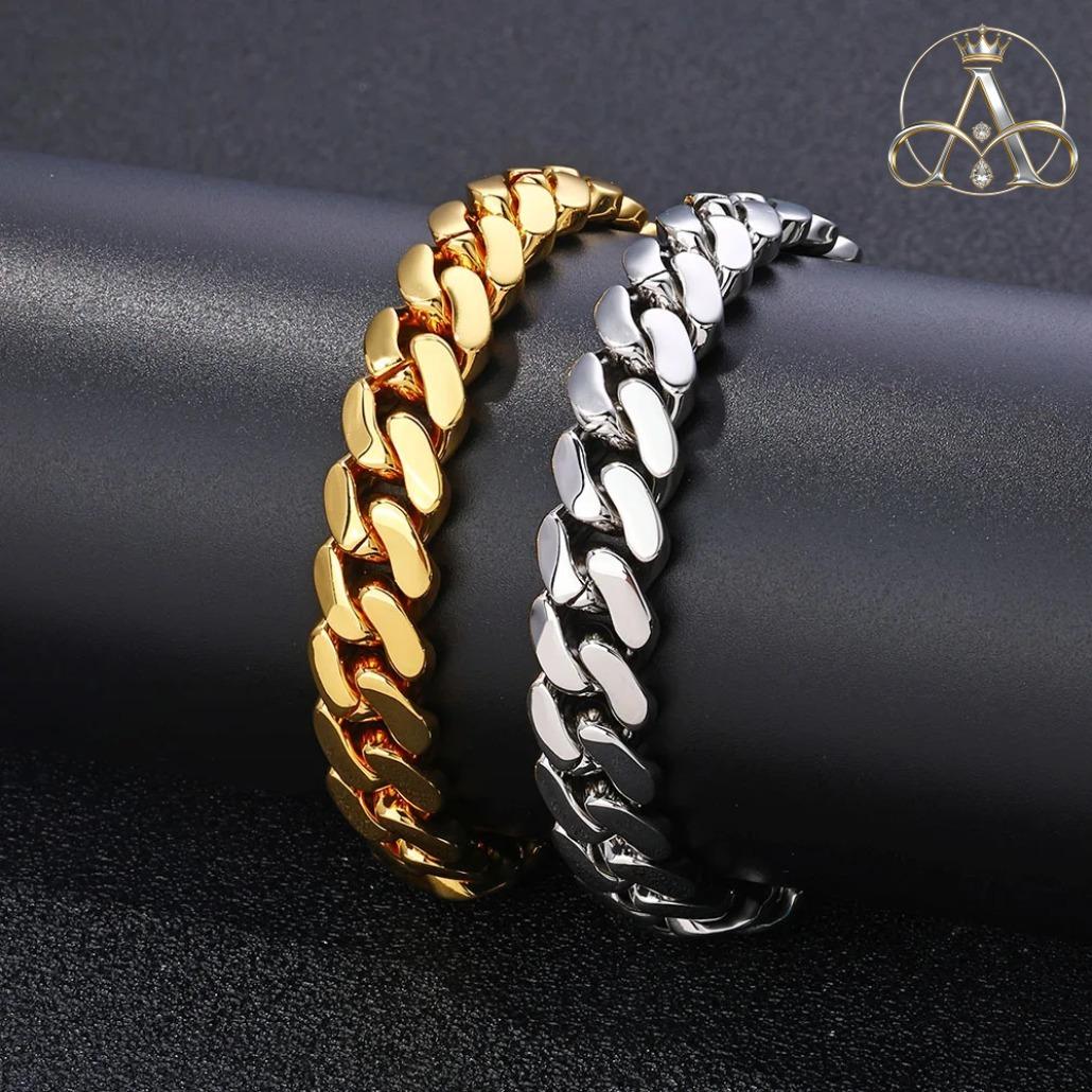 Aurelia Crest  Solid Cuban Chain Bracelet Miami Cuban Link Chain Hip Hop Men Women Fine Jewelry Gift