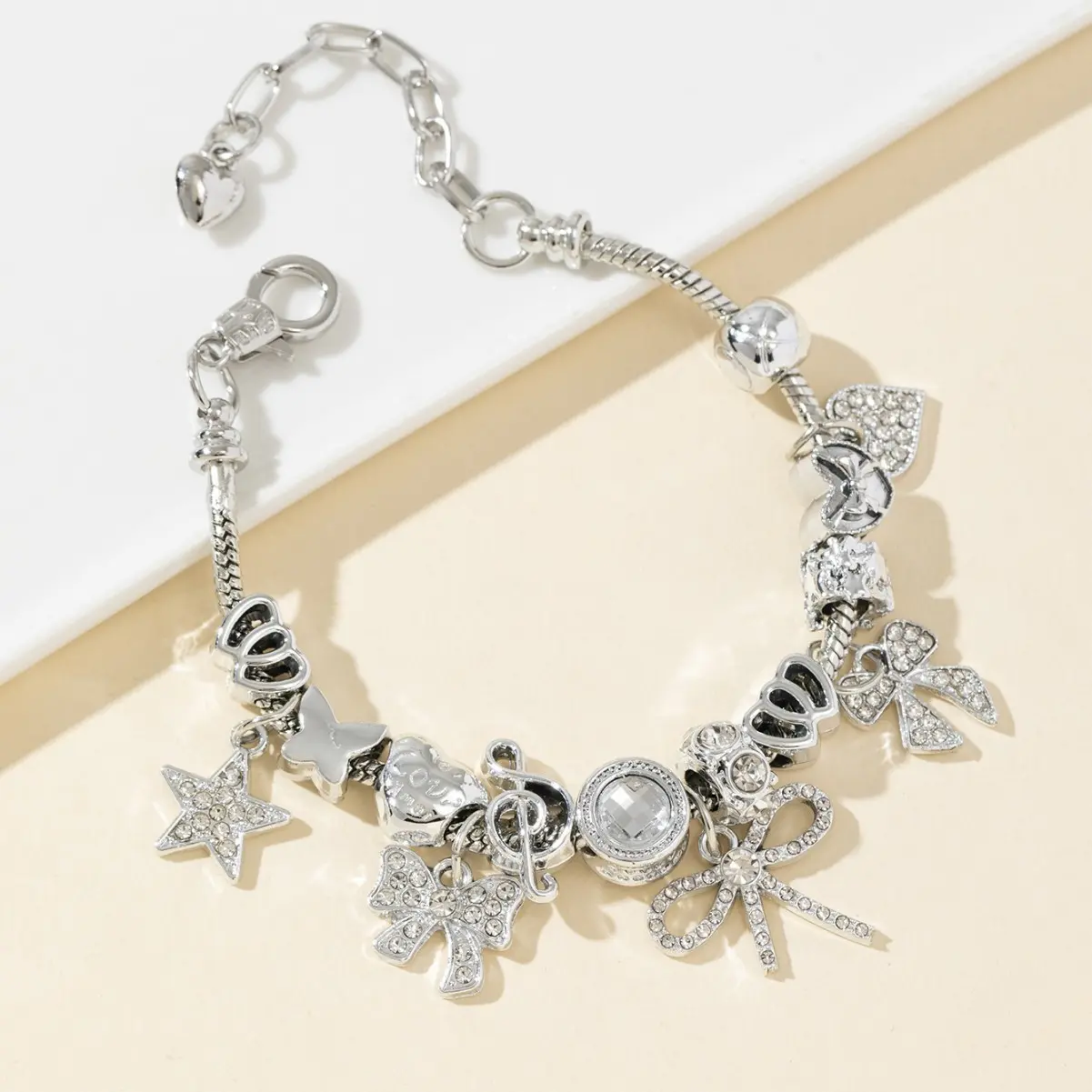 DIY Beaded Charm Bracelet - Zinc Alloy, Rhinestone Bow, Heart, Star Patterns, Simple Look, Stylish, Versatile Daily Wear, Perfect Birthday Gift for Girls