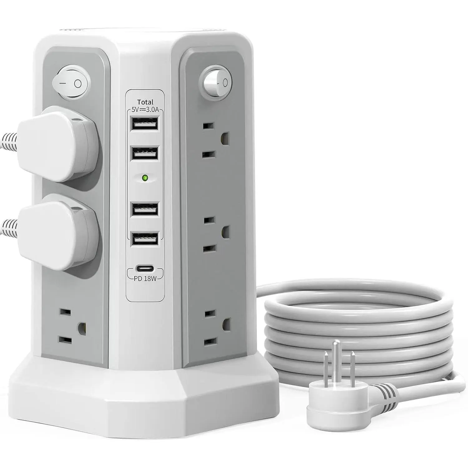 USB C port surge protection power strip tower, 10-foot extension cord, equipped with 12 AC power outlets and 5 USB charging ports, power tower with surge protection, suitable for home offices and dormitories: Electronics