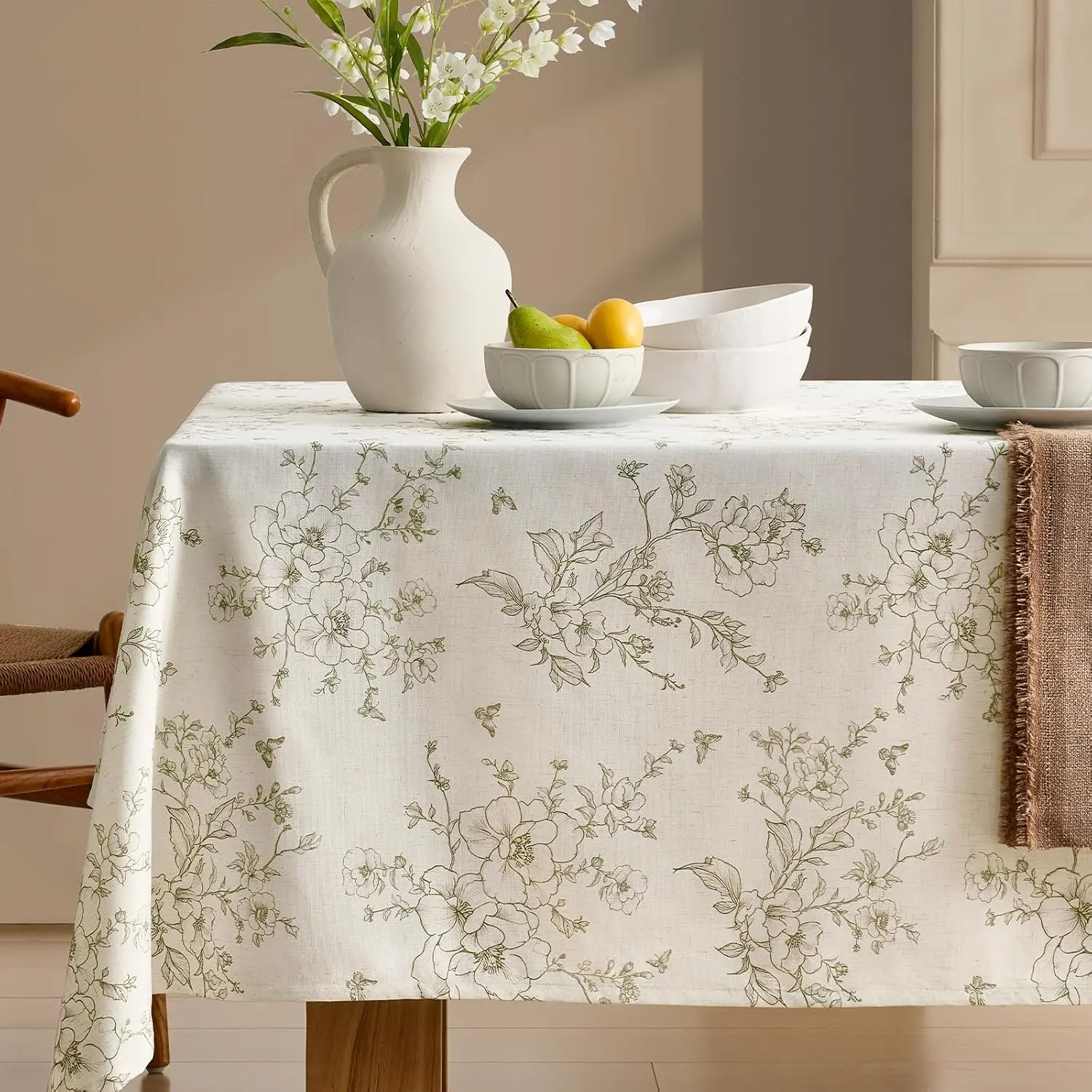 Farmhouse Green Floral Linen Blend Polyester Tablecloth - Vintage French Rustic, Burlap-Textured Rectangular Cover, Wrinkle Resistant for Wedding, Dining (55x84 in) - Outdoor Living Room Coffee Table Decor