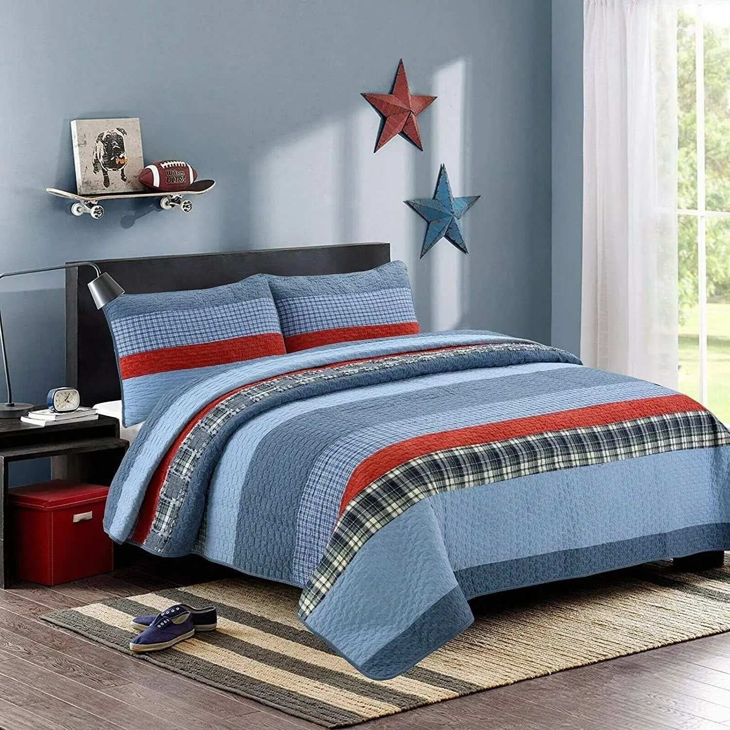 Women's Oxfords Bedding, 3-Piece 100% Cotton Reversible Varsity Red-Stripe & Navy-Blue Bedding Set (Queen Size), Stripes