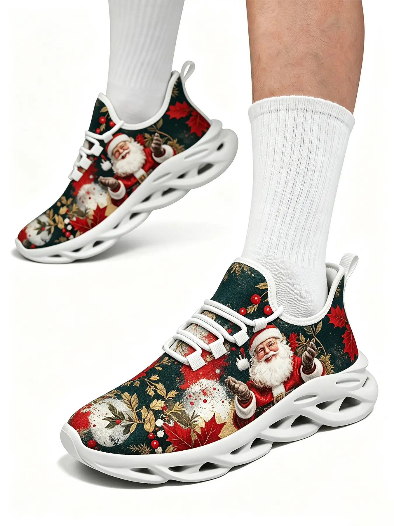 Dark Green Retro Santa Maple Leaf Blade Sneakers Breathable Mesh Lace Up Running Shoes Vintage Christmas Holly Berry Splash Print Hollow Wave Sole Holiday Casual Athletic Trainers For Men Women