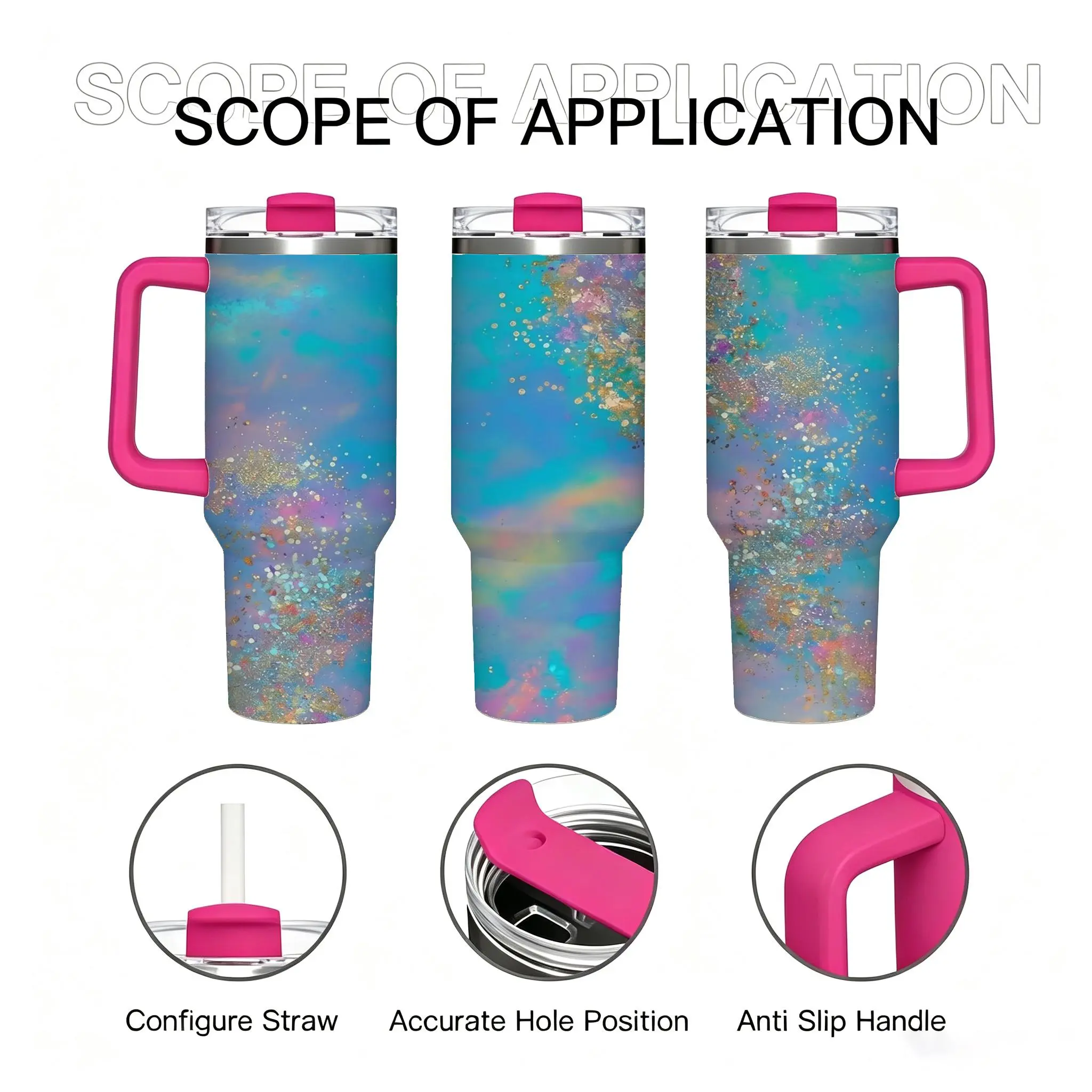 40oz Pastel Iridescent Teal Galaxy Glitter Stainless Steel Insulated Tumbler With Handle & Leakproof Lid, Vacuum Hot & Cold Retention Travel Mug, Aesthetic Gift For Women Girls, For Office, Gym, Road Trip & Daily Use flask
