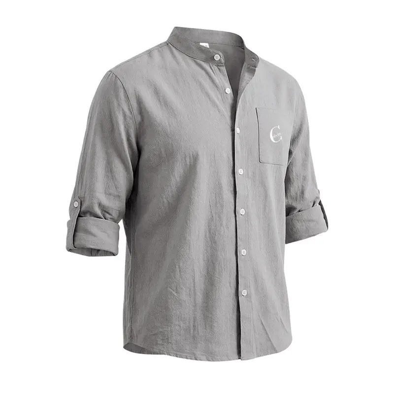 Men's American Linen Stand Collar Long Sleeve Shirt, Loose Fit Roll Tab Sleeve Button Down Top with Calvin C Print, Breathable Lightweight Casual Blouse for All Seasons, Beach Vacation Daily Commute Wear