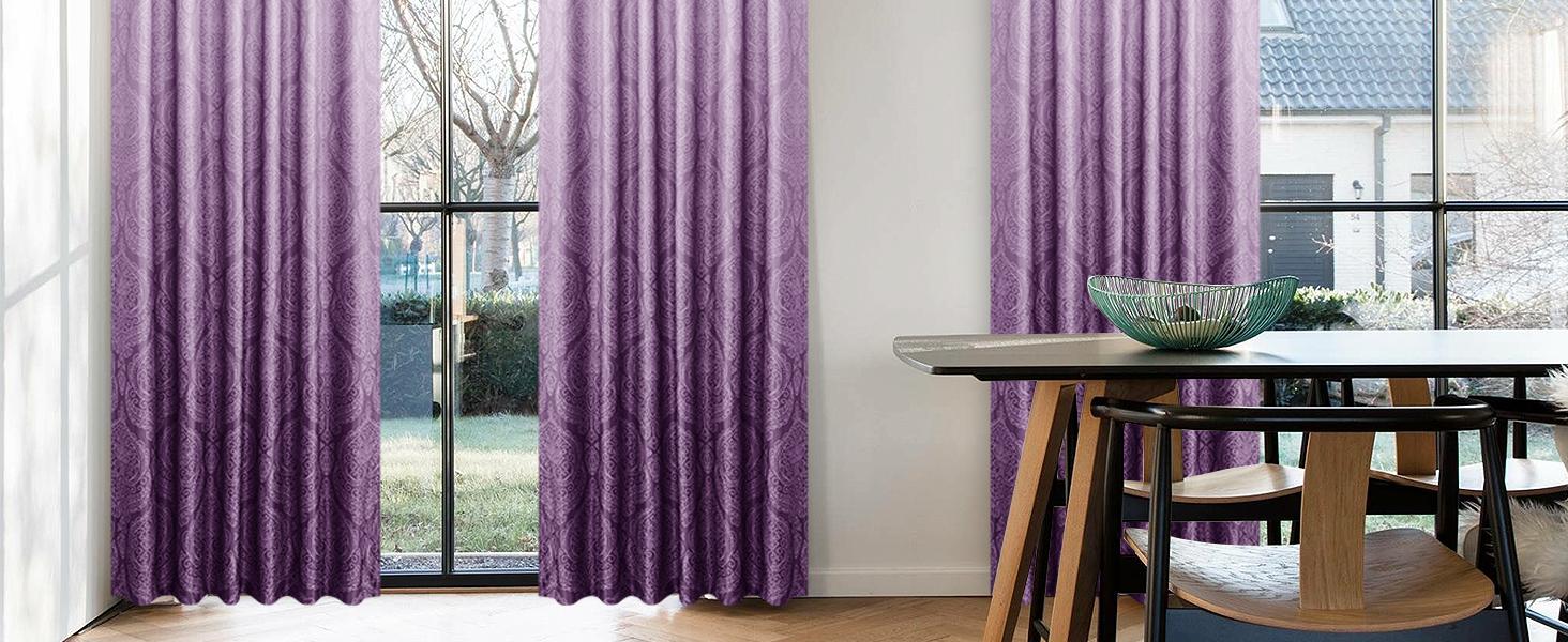 DWCN Purple Ombre Room Darkening Curtains for Bedroom - Back Tab Elegant Damask Thermal Insulted Window Drapes with Tiebacks Light Blocking Curtains for Living Room, 2 Panels, W52 x L84