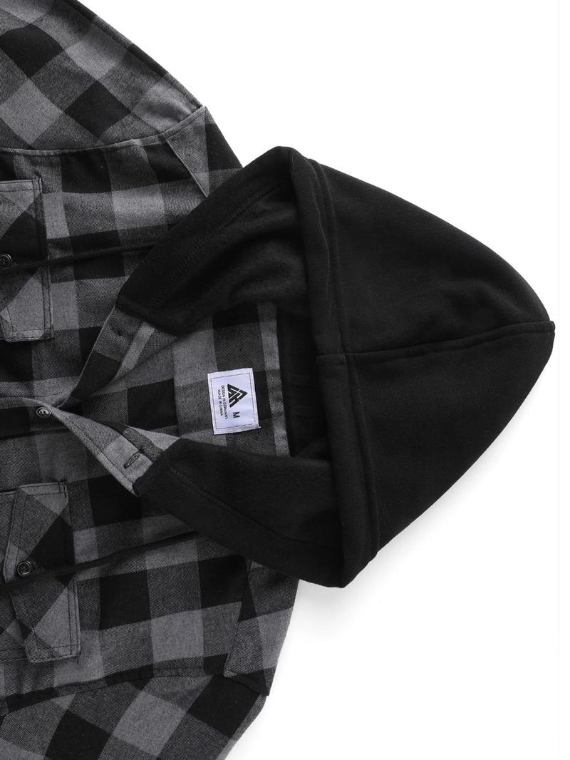 【Plus Size】 Plaid Print Button Front Hooded Shirt, Casual Regular Fit Long Sleeve Top for Daily Outdoor Wear, Men's Clothes for All Seasons