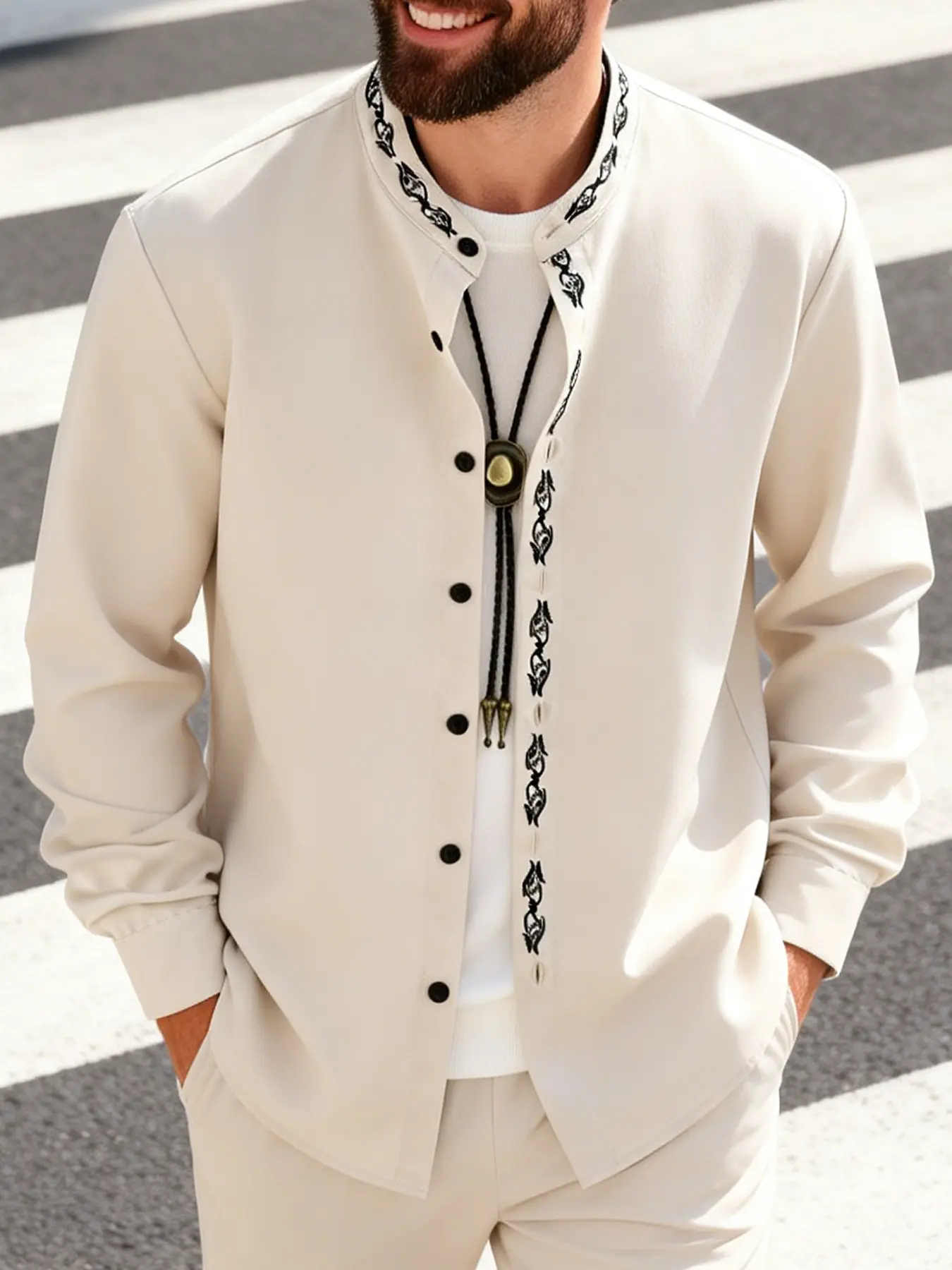 Men’s Beige Chinese Style Mandarin Collar Long Sleeve Shirt With Front Placket Embroidery, Silky Drape Soft Skin-Friendly Breathable Fabric, Loose Non-Binding Relaxed Fit,Casual Top Ideal For Indoor Rest, Home Office, Guest Reception, Neighborhood Walking