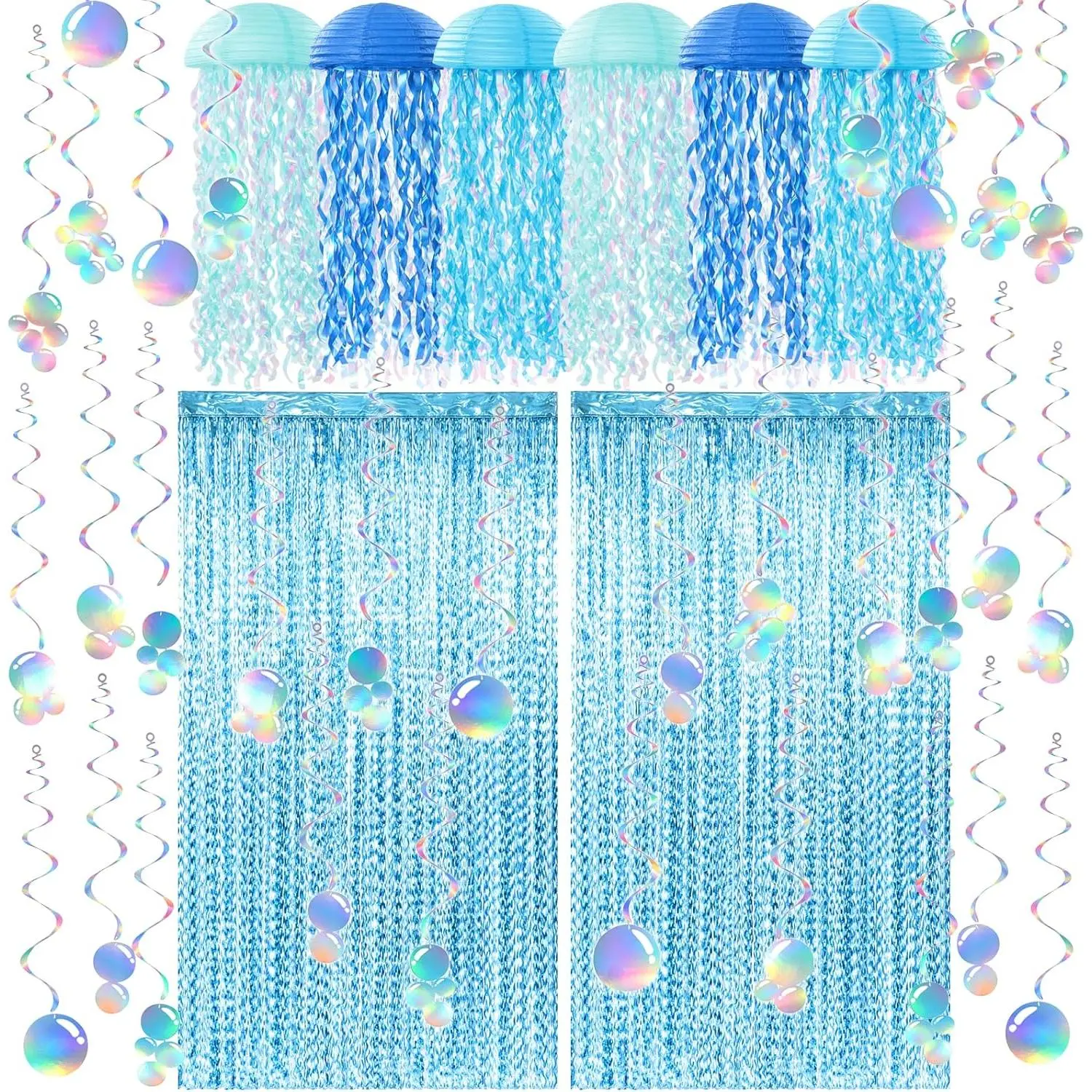 Soulchen 20 Pcs Smooth Shiny Metallic Light Hanging Jellyfish Paper Lanterns with Tassel Curtains, Swirl Bubble Streamers for Pool, Under The Sea Ocean Mermaid Party Decorations (Blue), Kit