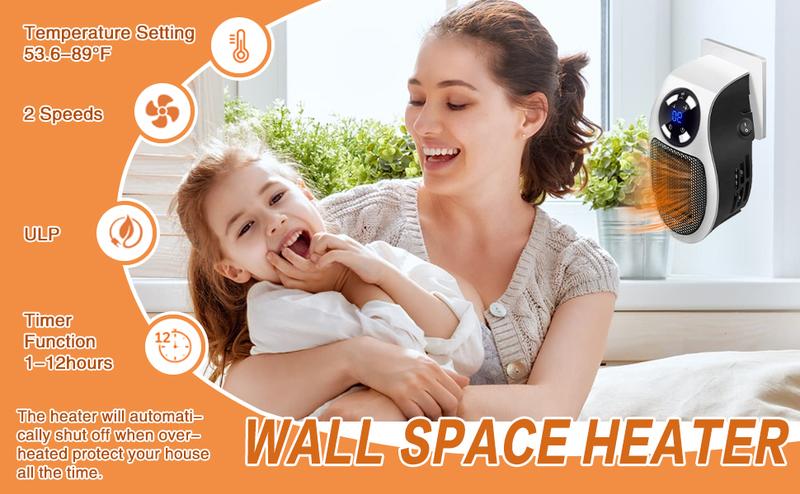 450W Wall-Mounted Electric Heater with Adjustable Temperature PTC Ceramic Heating 12-Hour Timer LED Display Portable for Bathroom Bedroom Office Indoor Use