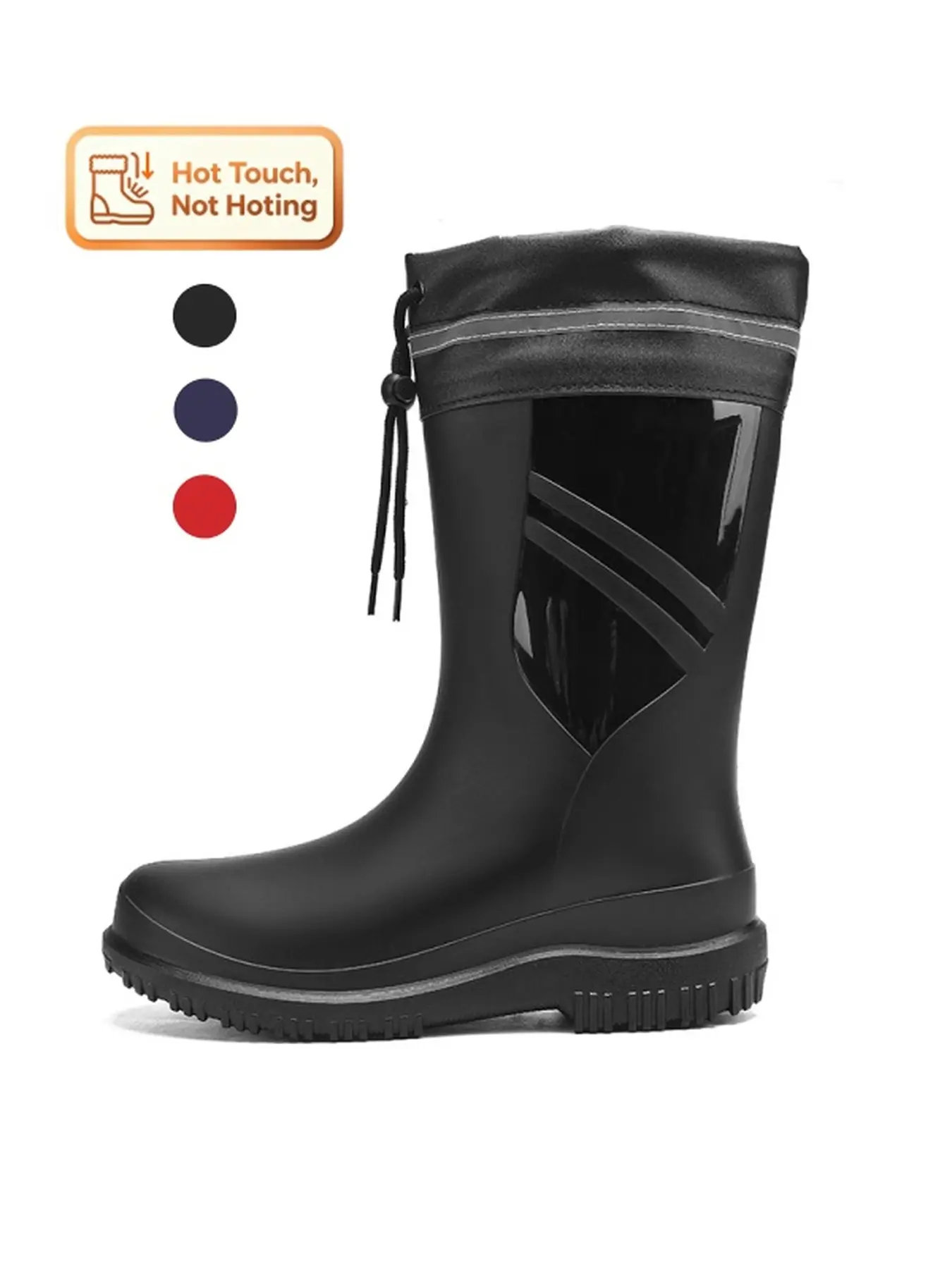 Unisex Drawstring Snow-Proof Fleece Rain Boots Rubber Black Wear Resistant Non Slip High Calf Wellies for Outdoor Walking