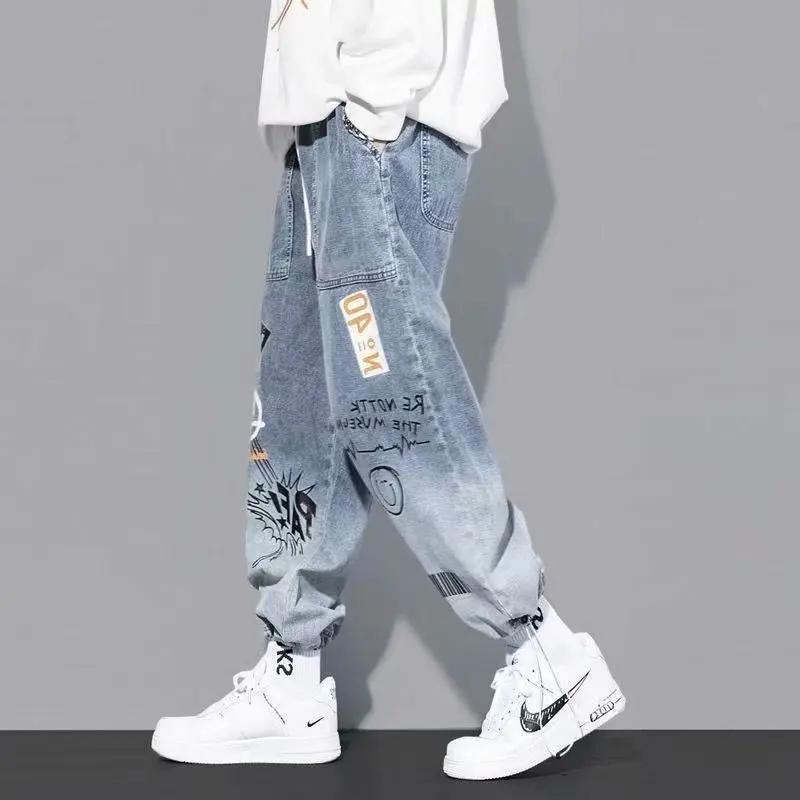 Kyn Apparel Korean Clothing  Men Letter Printed Jeans High Waisted Baggy Jeans Cartoon Graffiti Hip-Hop Pants Blue Jeans