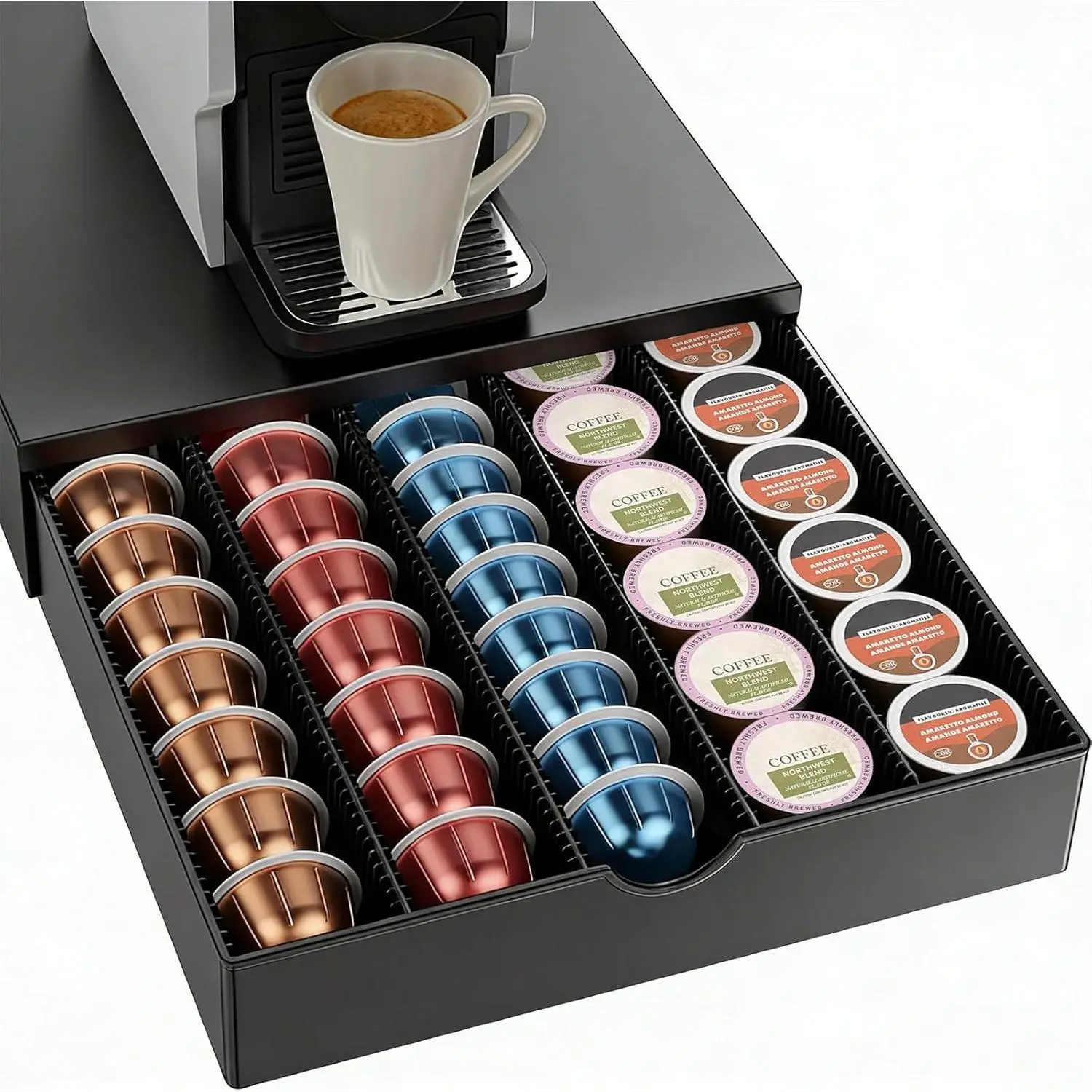 Matte Black Plastic Pull-Out Coffee Pod Drawer Organizer, Fits All Sizes of Nespresso Vertuo Capsules, Holds Up to 60 Small or 40 Large Units for Coffee Preparation, Coffee Making
