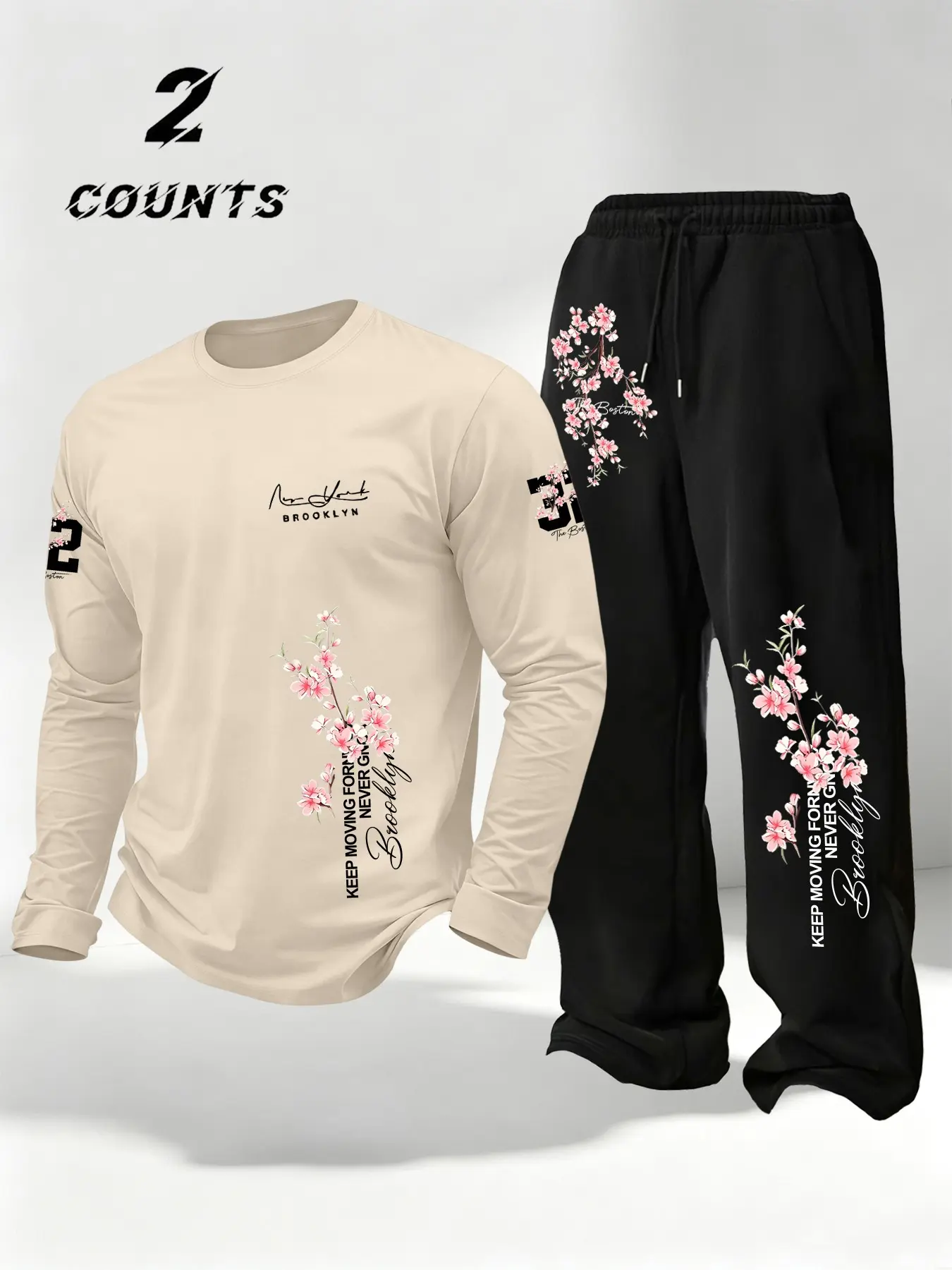 Men's Two-Piece Set Long Sleeve and Pants, Street Style Cool Look, Cherry Blossom Print, Breathable Fabric, Casual Daily Wear