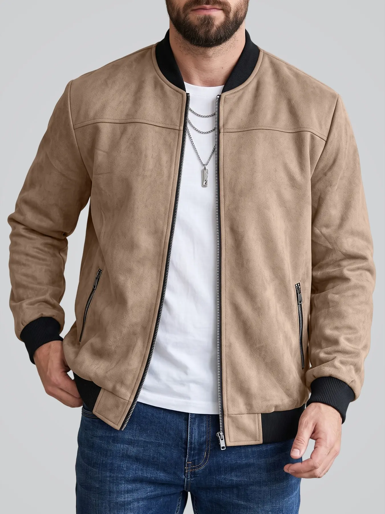 Men's spring-autumn fashionable solid-color pilot jacket, loose baseball collar full-zip coat, ribbed cuffs and side zipper pockets at the hem, retro soft casual street style men's outerwear for autumn-winter season