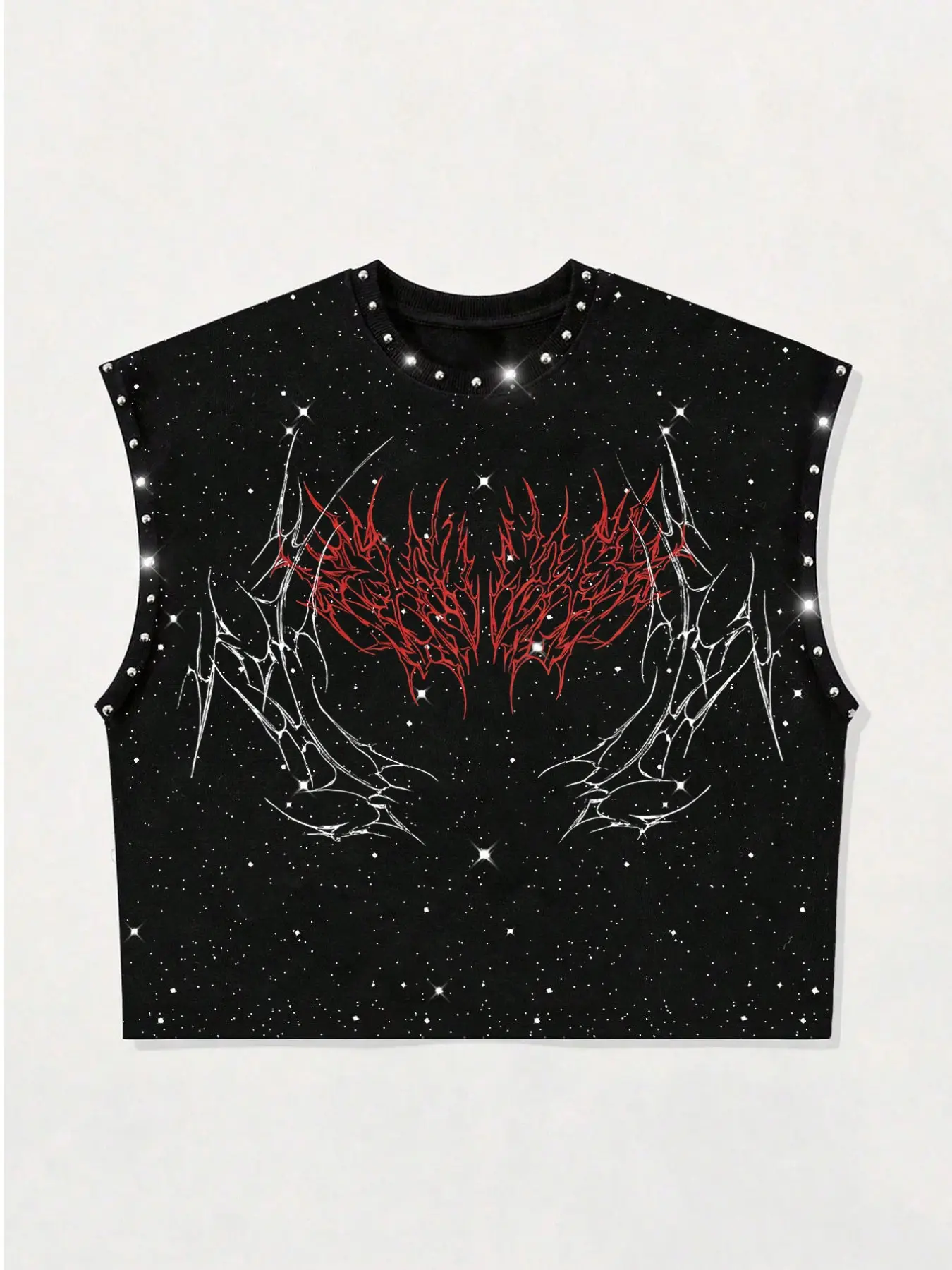 Dark Punk Starry Glitter Rivet Sleeveless Vest, Unisex Thorn Devil Wing Spider Web Print, Loose-Fitting Short Waist Gilet