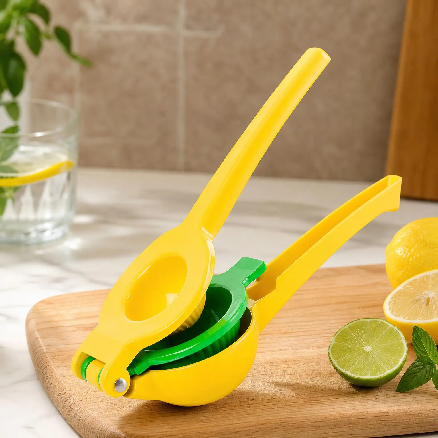 Sturdy Metal 2-In-1 Manual Lemon Squeezer for Maximum Extraction - Hand Juicer Gets Every Last Drop, Easy to Clean & Use Citrus Juicer - Yellow/Green