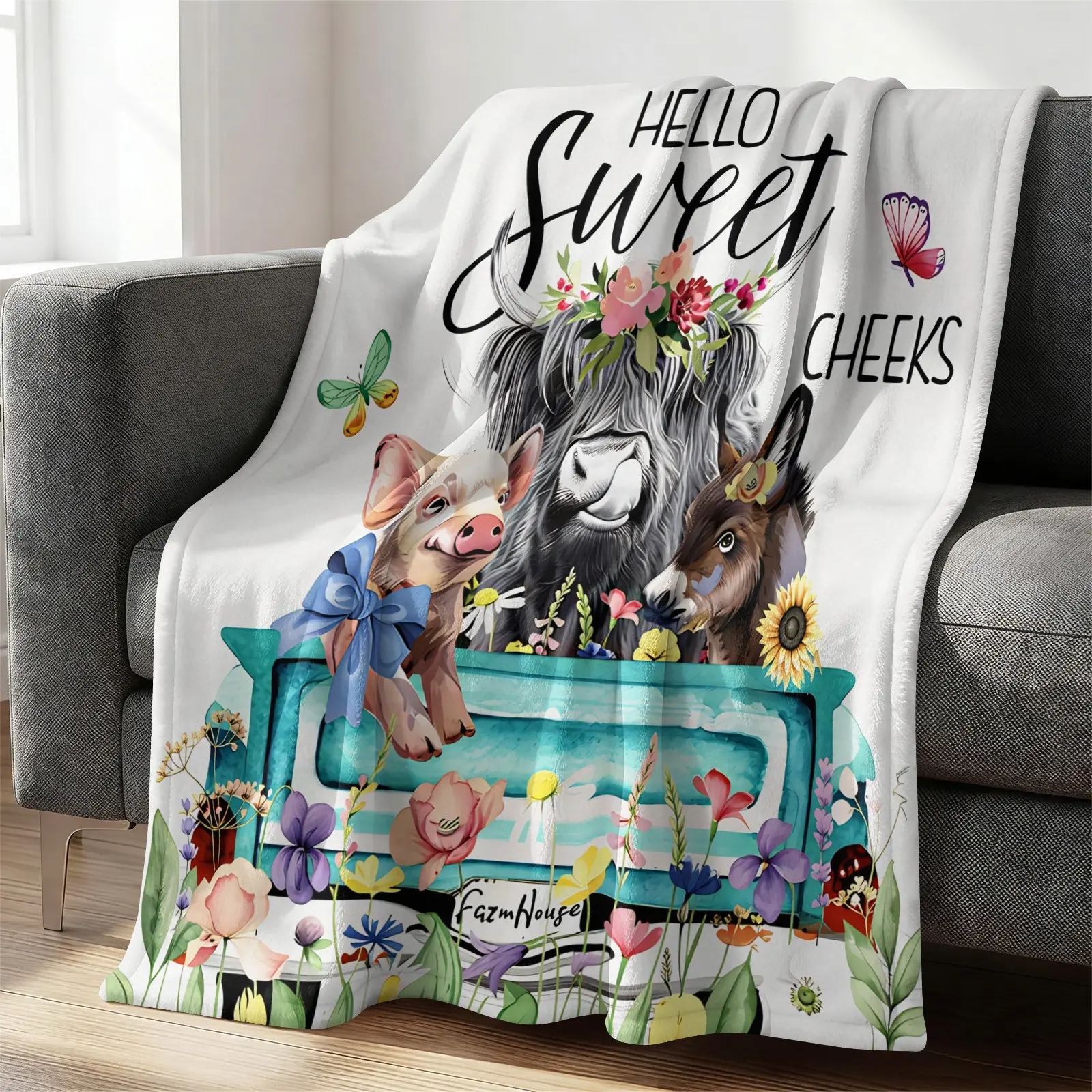 Farm Animal Truck Throw Blanket, Highland Cow Pig Donkey Print Flannel Blanket with "Hello Sweet Cheeks" Quote, Soft Cozy Floral Farmhouse Blanket for Couch Bed Sofa