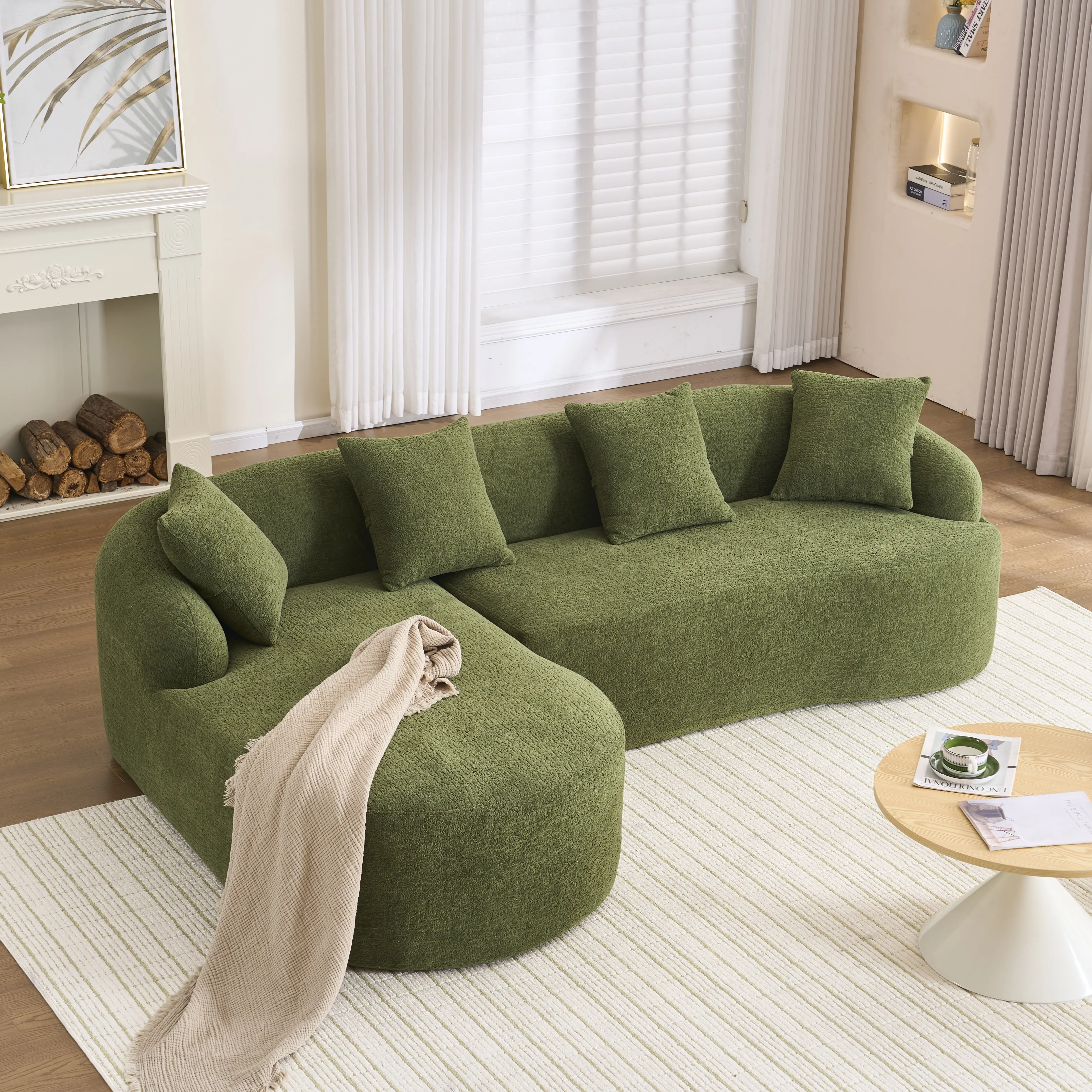 Nokka 3-Seat L-Shape Curved Chaise Modular Chenille Foam Sofa, High-Density Cushion, No Assembly Required, Antique Green Option, for Living Room, 3-seat couch