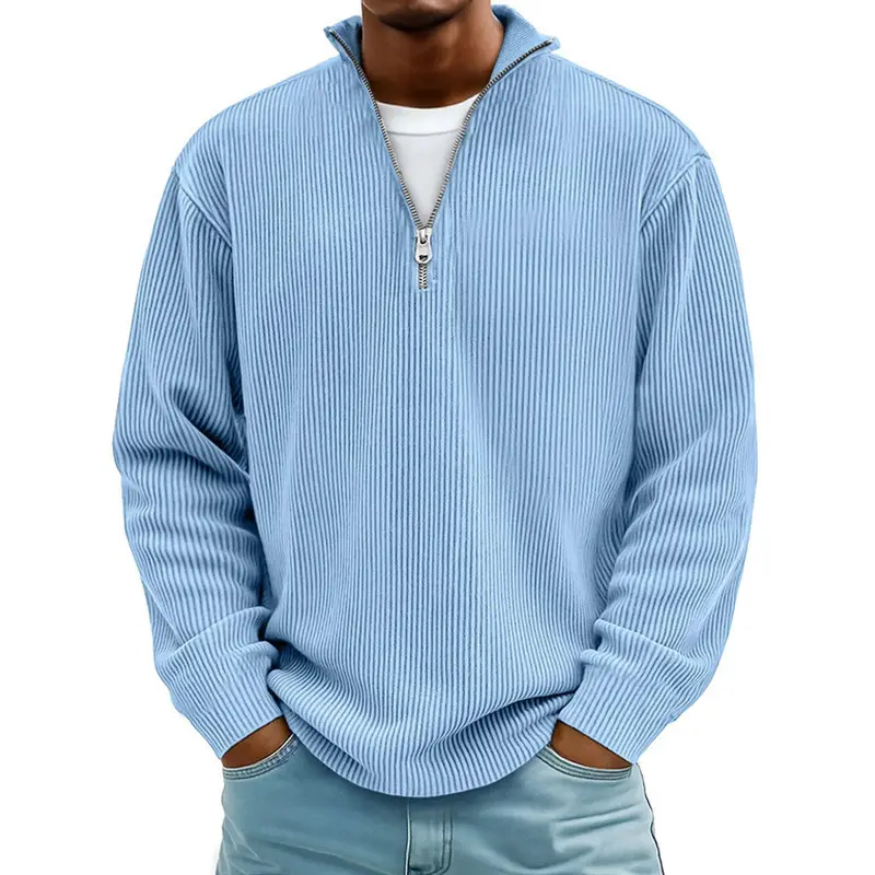 Menswear Knitwear Light Blue Textured Quarter-Zip Stand Collar Long Sleeve Foldable Regular Fit Sweatshirt for Men - Ribbed Cuffs, Relaxed Silhouette, Plain Casual Top Ideal for Weekend Outings, Streetwear