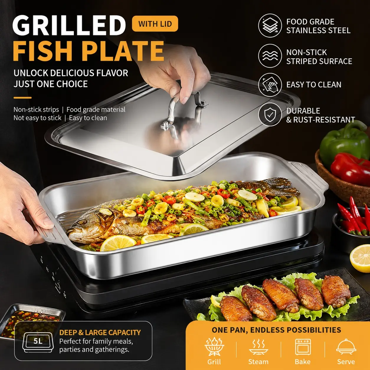 3pcs Stainless Steel Baking Pan Set with Lids, Deep Lasagna & Roasting Pans, Non-Stick Cake Baking Trays, Flat & Ribbed Bottom, Food Grade