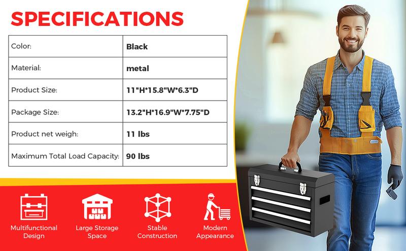 3 Drawer   Box, Portable   Box  EVC Liners and Latches Closure, Heavy Duty Steel  Chest  Ball Bearing Opening and Powder Coated Finish, Black Lockable Weed Eater Rack for Trailers Carpenter Tool Belt with Suspenders wrench metal garden pack out rolling