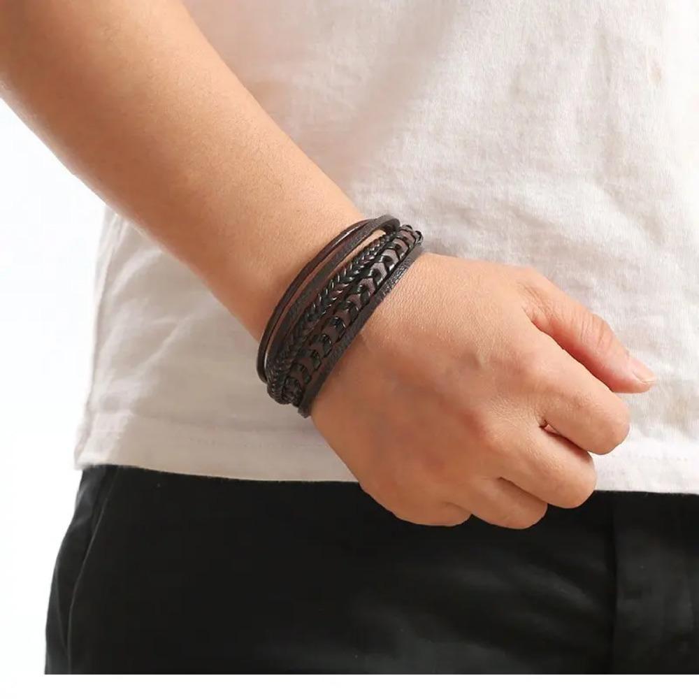 3-Pack Trendy Men's Multi-Layer Bracelets - Alloy Magnetic Buckle Retro Leather Rope Braided Bracelets, Fashion Dressing Accessories