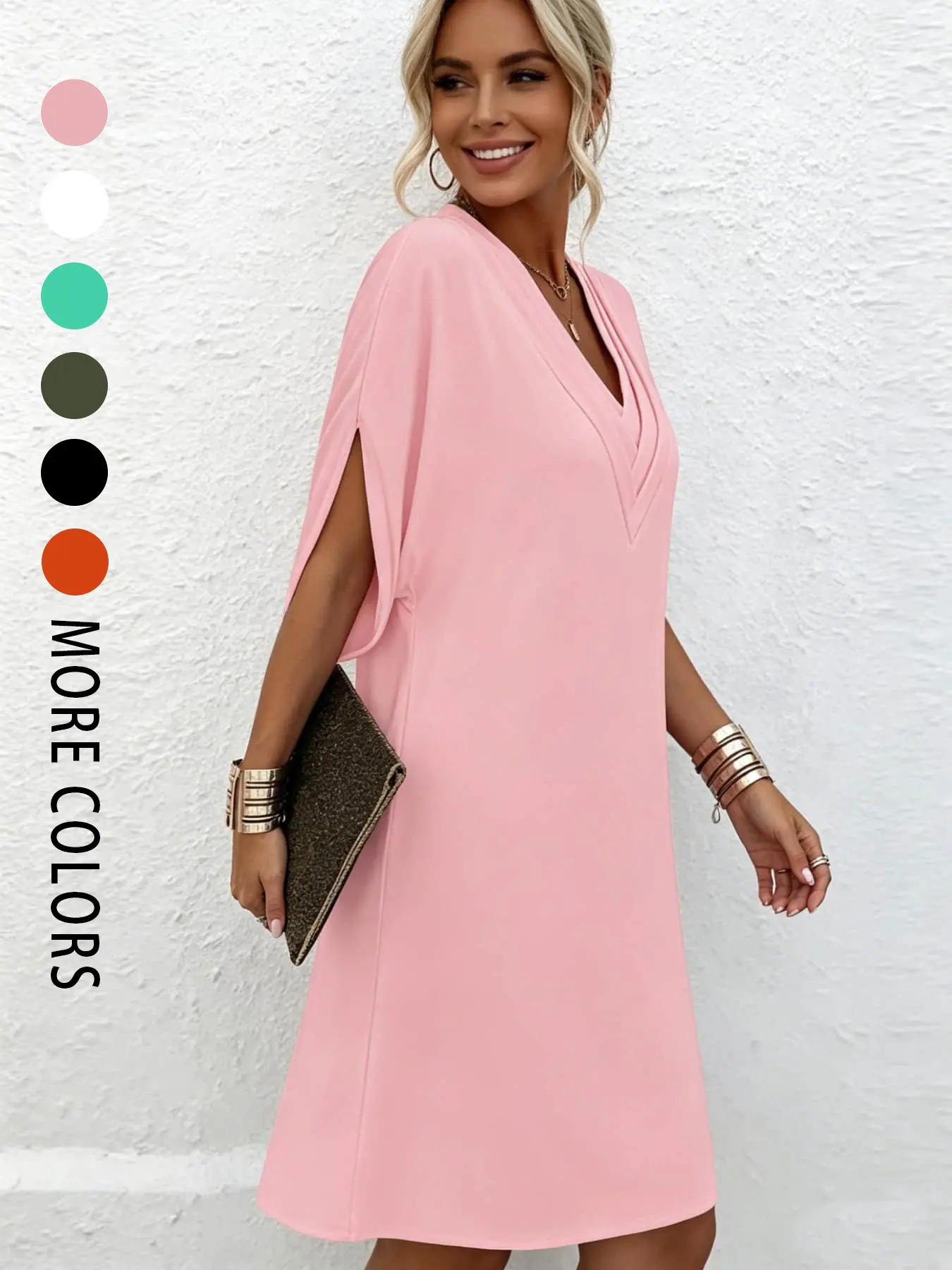 A women's fashionable and casual solid color dress with V-neck pleated bat sleeves, suitable for summer, beach parties, dates, and casual shopping, Beachwear Dress, Beach Party Dress