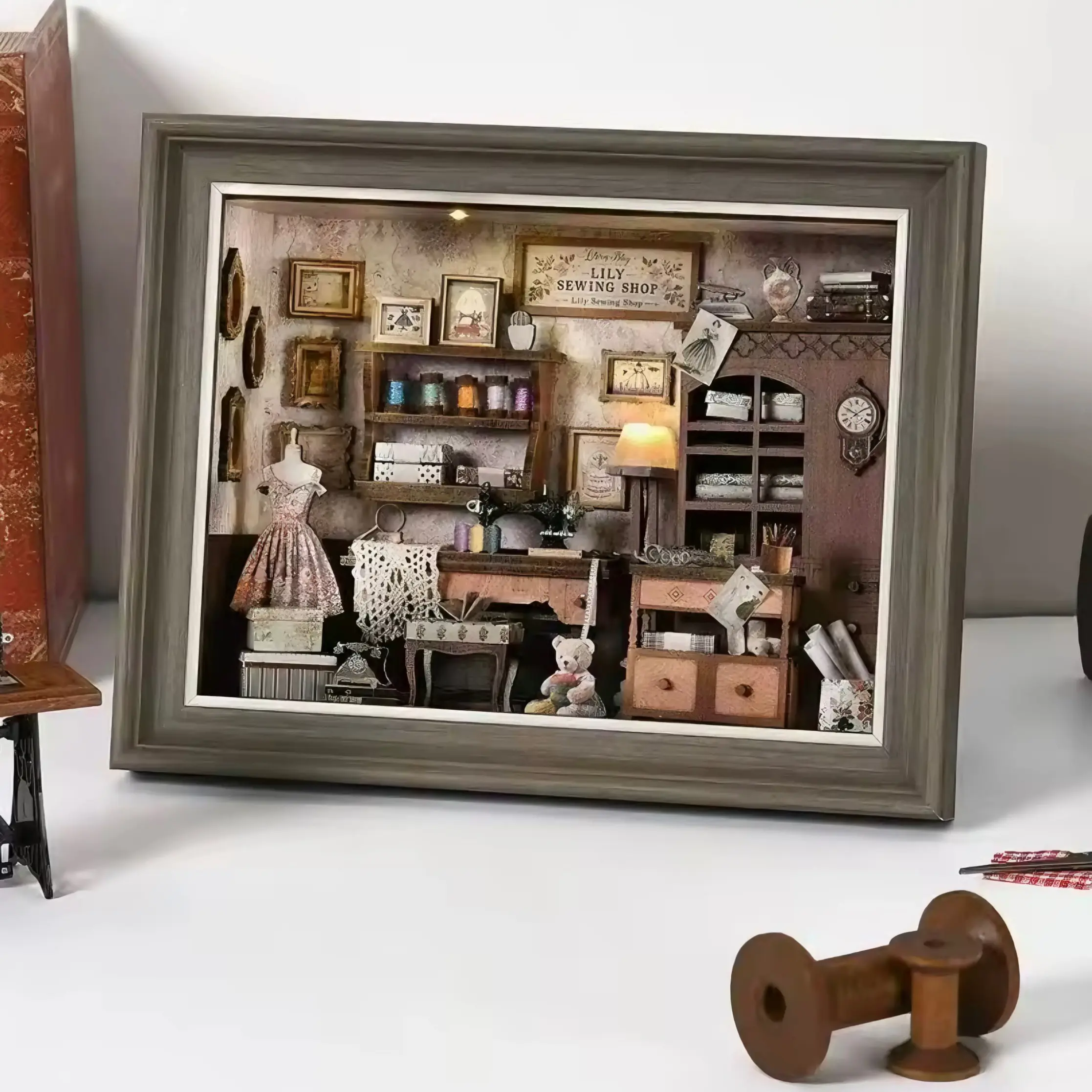 Lily Sewing Shop Book Nook Kit - 3D Wooden Puzzle with LED Switch Control & Wall-Mountable Frame，DIY Miniature House for Beginners，Bookshelf/Tabletop/Wall Decor for Craft Lovers，Dollhouse Gift