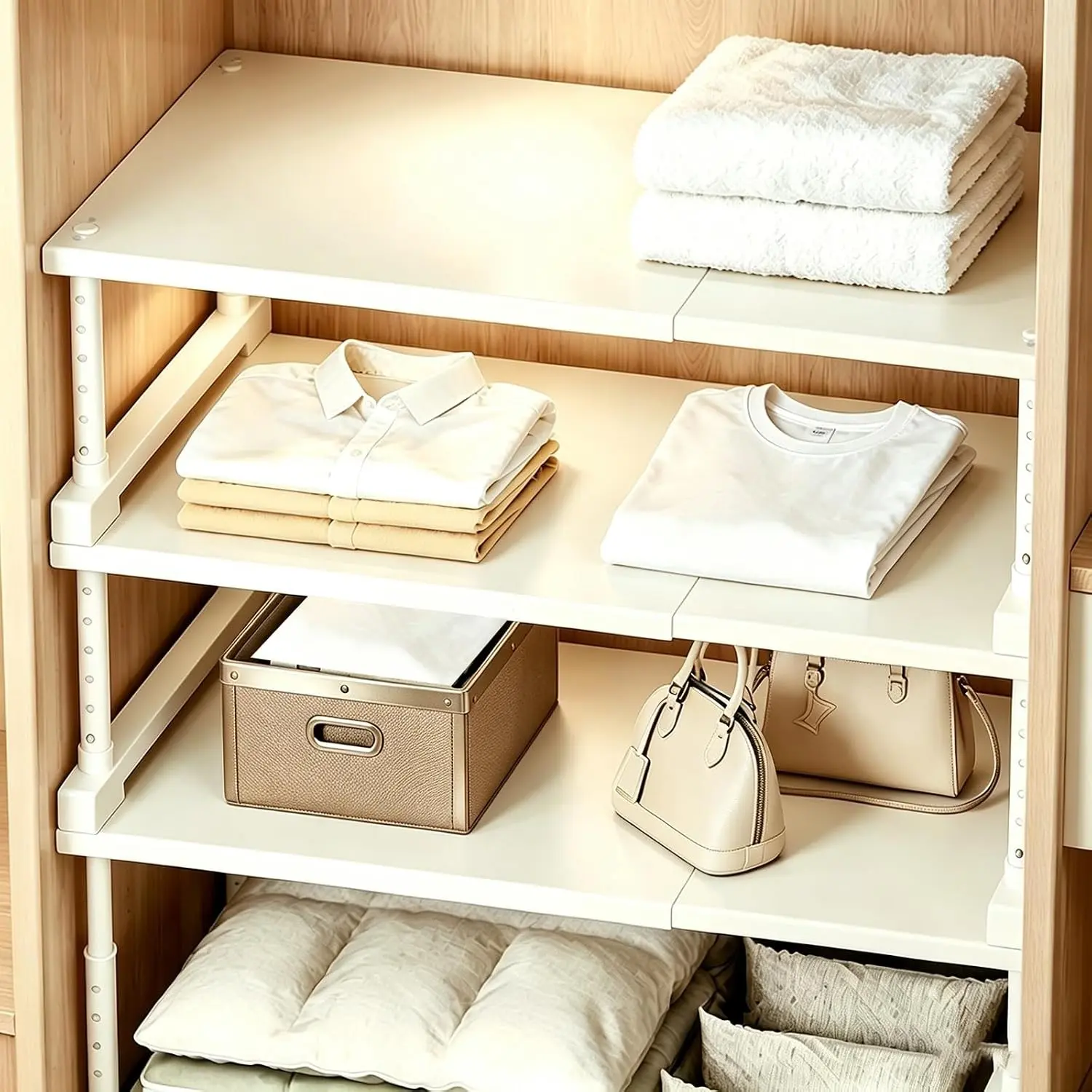 Adjustable Closet Shelf Organizer, Expandable Wardrobe Storage Rack with Height Adjustable Legs, Beige, 1 Pack
