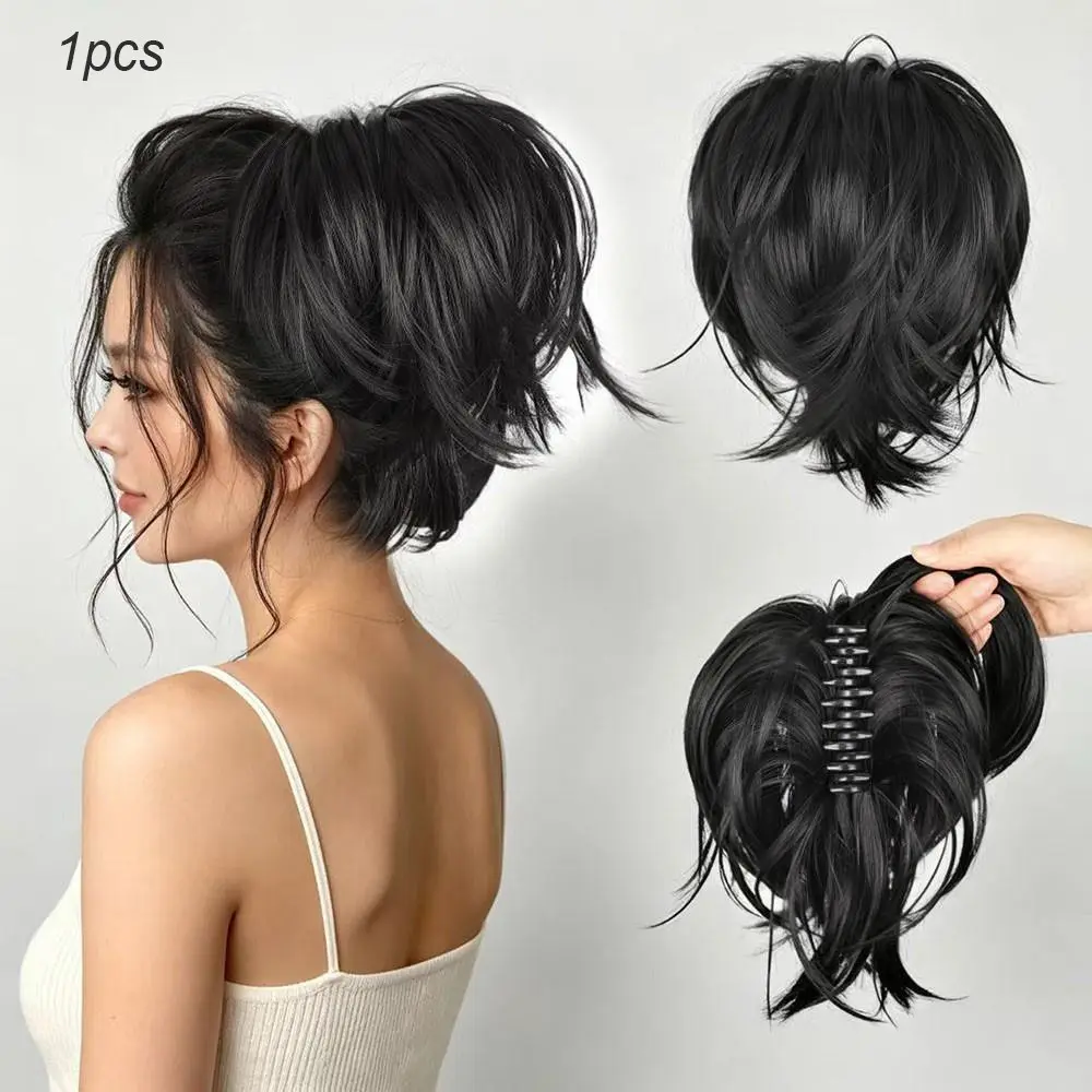 Adjustable Tiger Mouth Clip False Hair Tail, Trendy Messy Short Curly Bobtail, High-Temperature Fiber, European & American Style