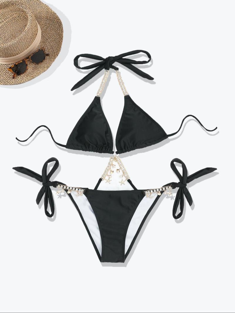 Two-Piece Set Women's Rhinestones Decor Chain Bikini Set, Halter Bikini Swimsuit, Summer Outfits 2024, Elegant Casual Tie Back Swim Bra & Tie Side Swim Bottom Set, Women's Summer Swimwear for Beach Holiday Vacation