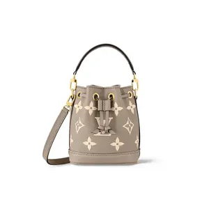 Louis Vuitton Noé Nano Bucket Bag for Women – Monogram-Printed, Textured Calfskin, Drawstring Closure, Elephant Gray and Cream