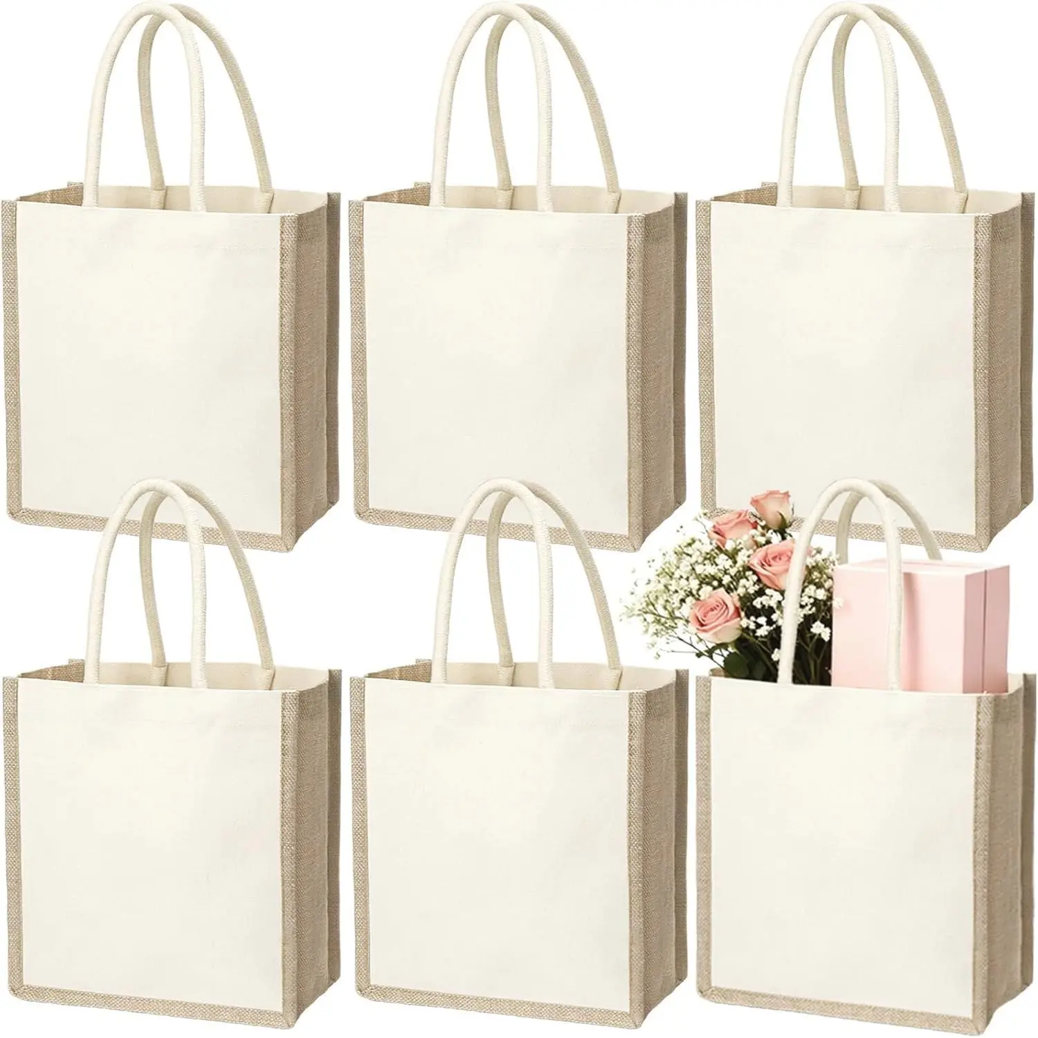 6 Pack Burlap Tote Bags, Reusable Jute Gift Tote with Handles, Small Beach Bags, Canvas Grocery Shopping Tote for Bridesmaid, DIY, Shopping, Pool, Wedding BagGift.