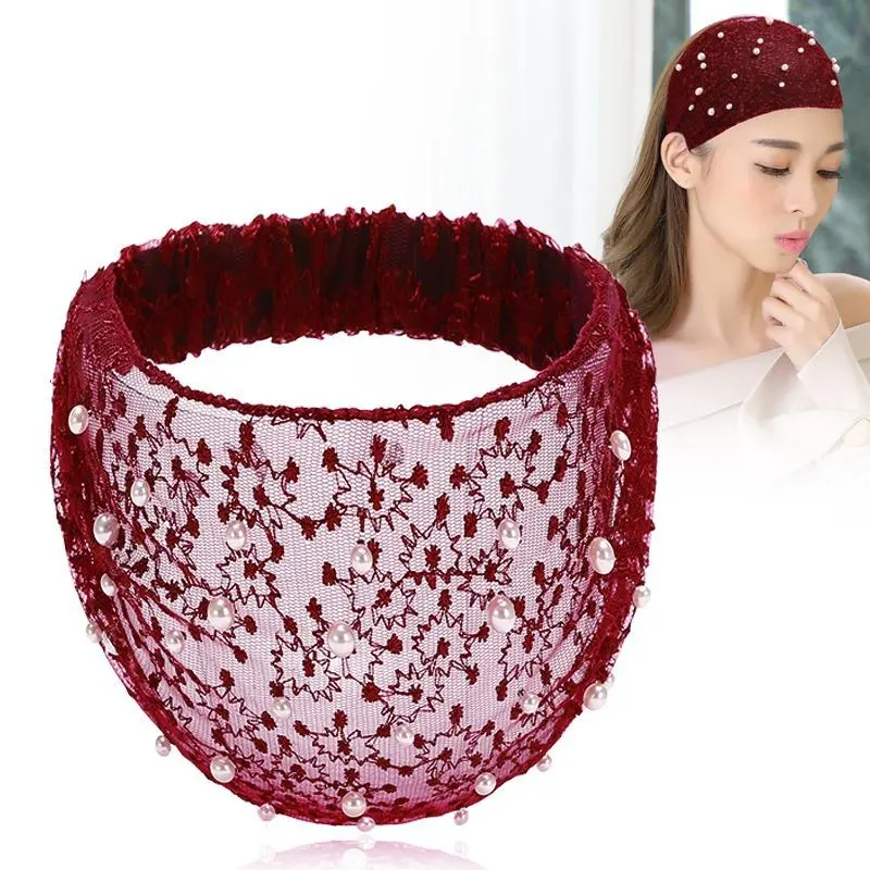 Burgundy Floral Embroidery Pearl Mesh Wide Headband Hollow Tulle Fabric Hair Hoop Women Elegant Cover Gray Hair Party Hair Accessory