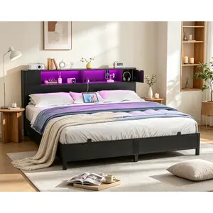Bed Frame with Storage Headboard and Charging Station, Luxury Cool Bed Frame with LED Lights, Steel Slat Support, No Box Spring Needed, Noise-Free, Easy Assembly