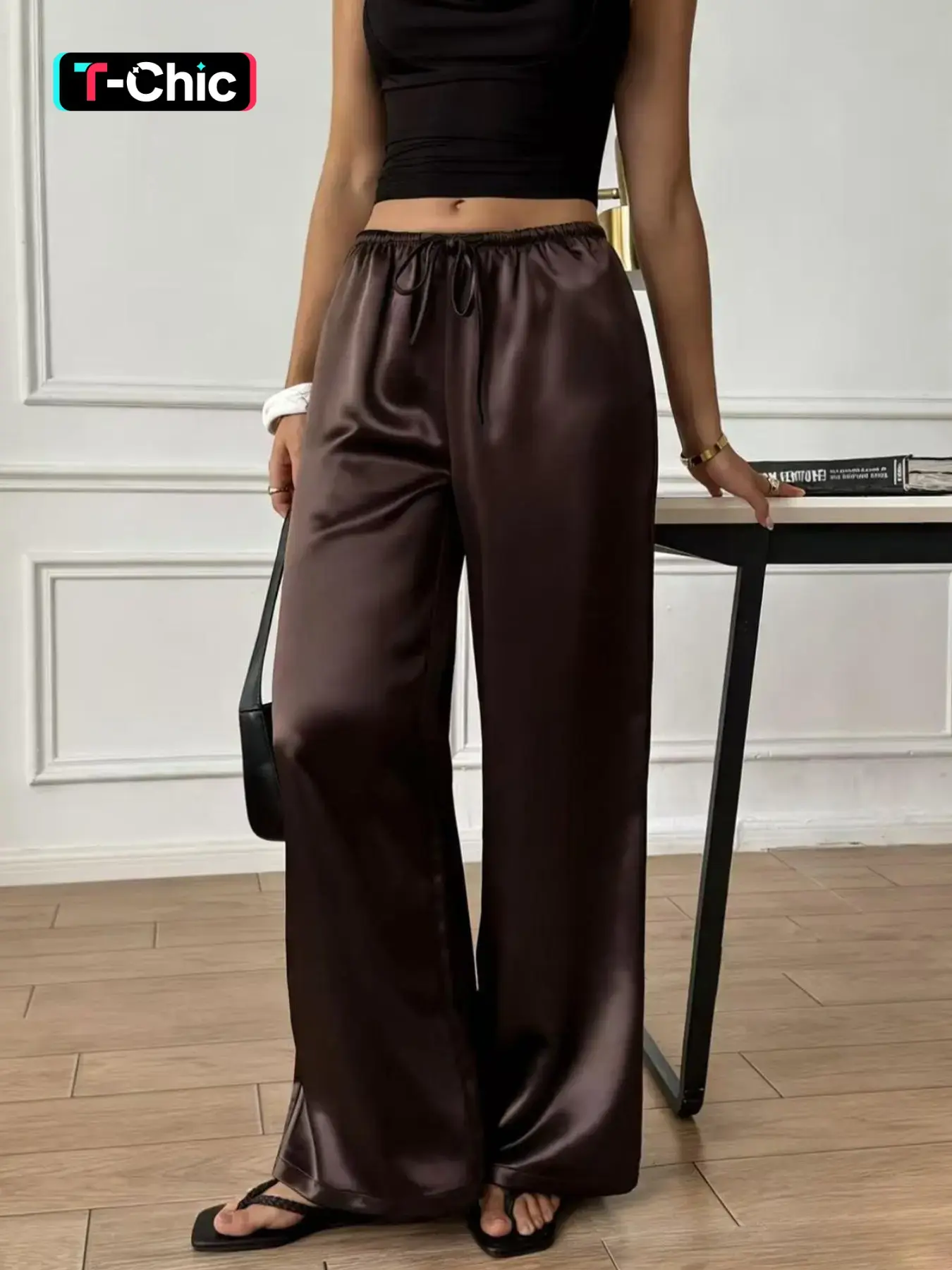 Coffee Brown Satin Wide Leg Pants Women High Waist Loose Fit Elastic Waist Drawstring Trousers Silky Flowy Straight Leg Palazzo Pants Elegant Chic Casual Lounge Holiday Fashion Casual Summer Bottoms