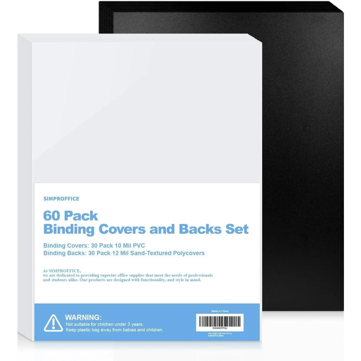 60 Pack Binding Covers and Backs Set, 8.5 x 11 Inches, 30P Clear PVC Covers (10 Mil), 30P Black Sand-Textured Polycovers (12 Mil), Presentation Covers for Binding, Letter Size