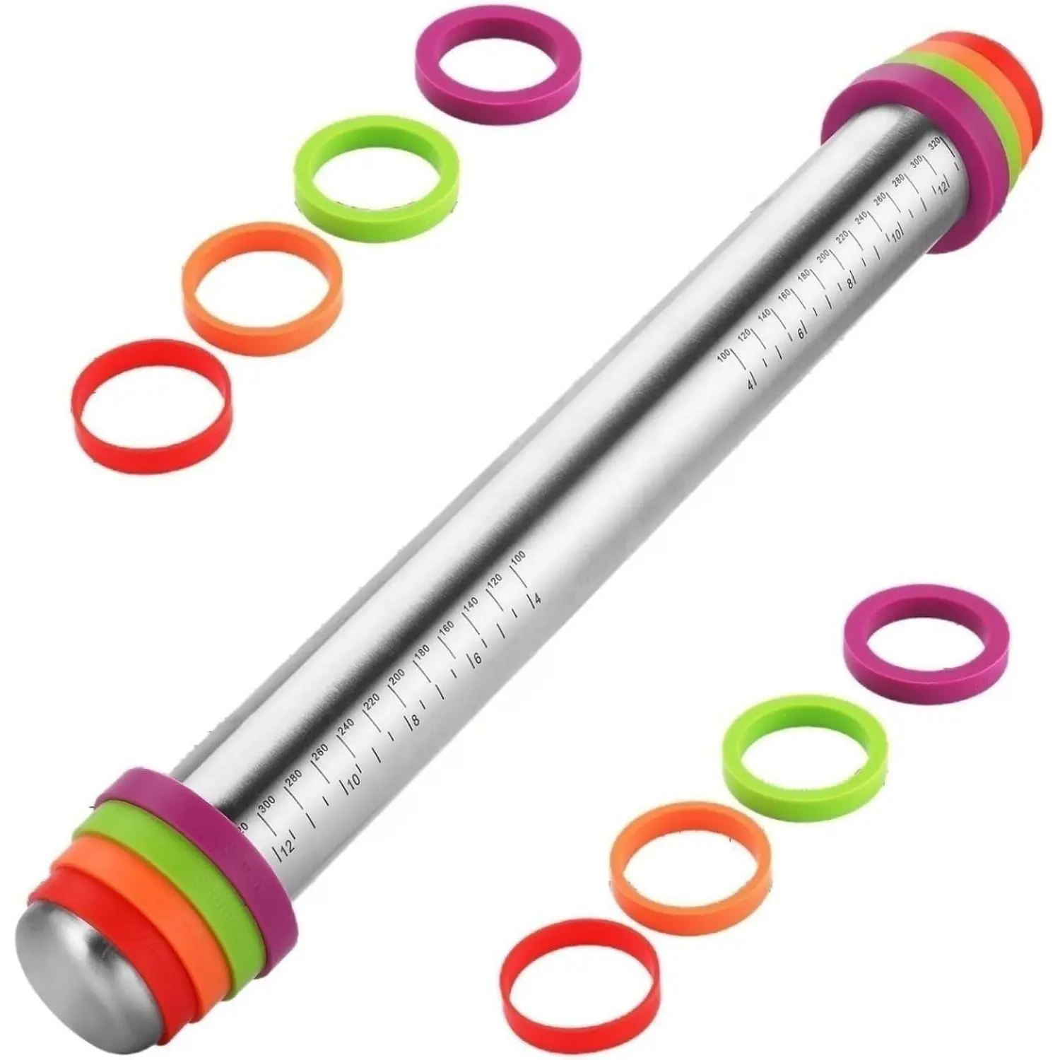 Adjustable Stainless Steel Rolling Pin with  Thickness Rings | Seamless Steel, 4 Removable Rings, Non-Stick and Dishwasher Safe for Pie, Pasta, Cookie, Cake Pop and Fondant Baking