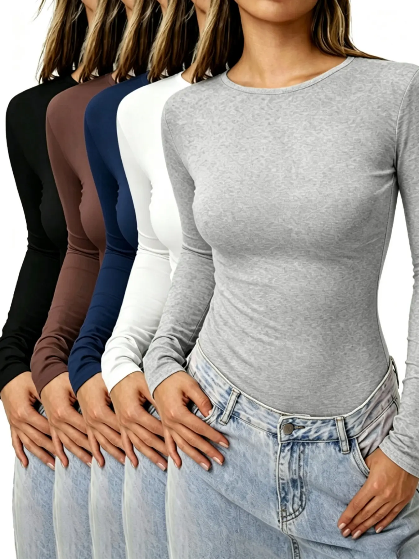 5-Pack Women's Round Neck Long Sleeve T-Shirts, Slim Fit Multi-Color Casual Tops, Spring & Fall Innerwear, Versatile Slimming Undergarments, Clothes