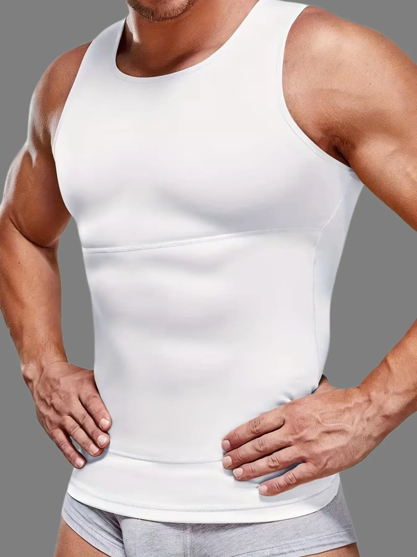 Men's High Stretch Tummy Compression Shapewear, Stretchy Shapewear, Round Neck Sleeveless Defining Shapewear Tops, Smooth Base Layer Everyday Tee, Snug Fit Body Sculpting Tank Tops, Ideal For Running, Jogging, Fitness Classes & Active Days
