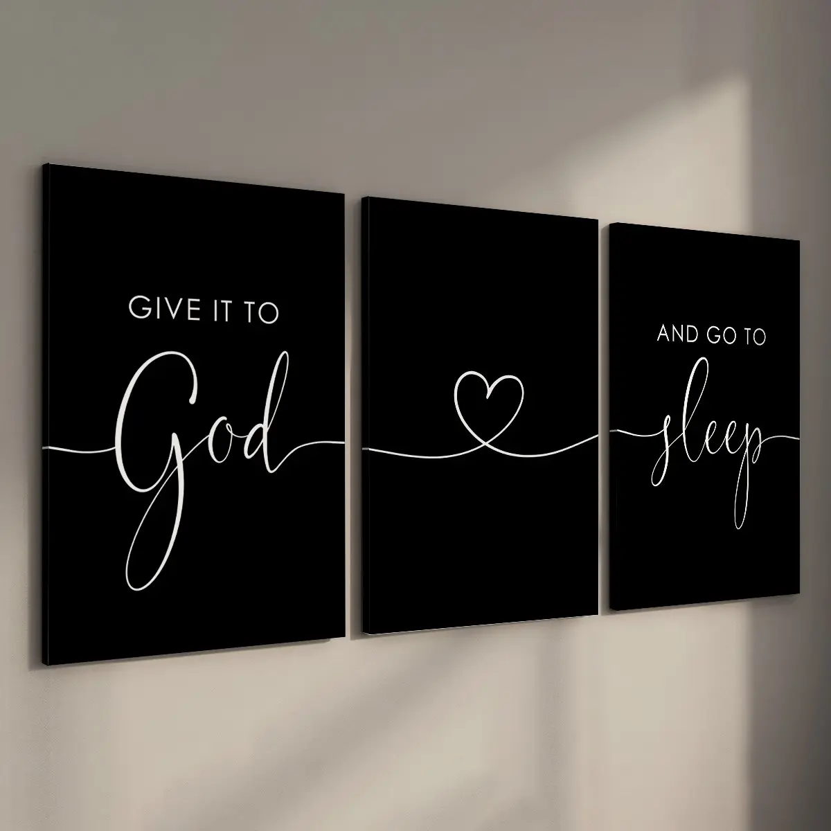 [Ready to Hang] 3pcs Set Give It to God and Go to Sleep Canvas Home Wall Art Decoration Items, Black and White Christian Stretched Framed Posters for Bedroom Decor, Modern Script Script Quote Pictures (Internal Wood Frame Included)