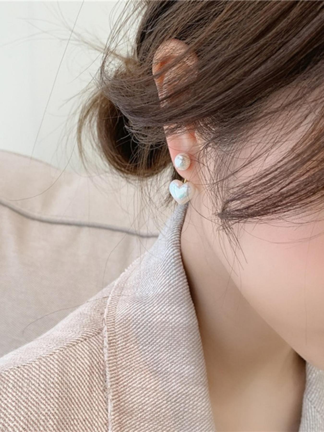 Faux Pearl Heart Design Dangle Earrings, Dangling Earrings, High Quality Earrings, Heart Shaped Earrings, Elegant Jewelry for Women, Trendy Jewelry Gift for Party and Daily Life, Minimalist Aesthetic Jewelry Gift, Dainty Fashion Jewelry